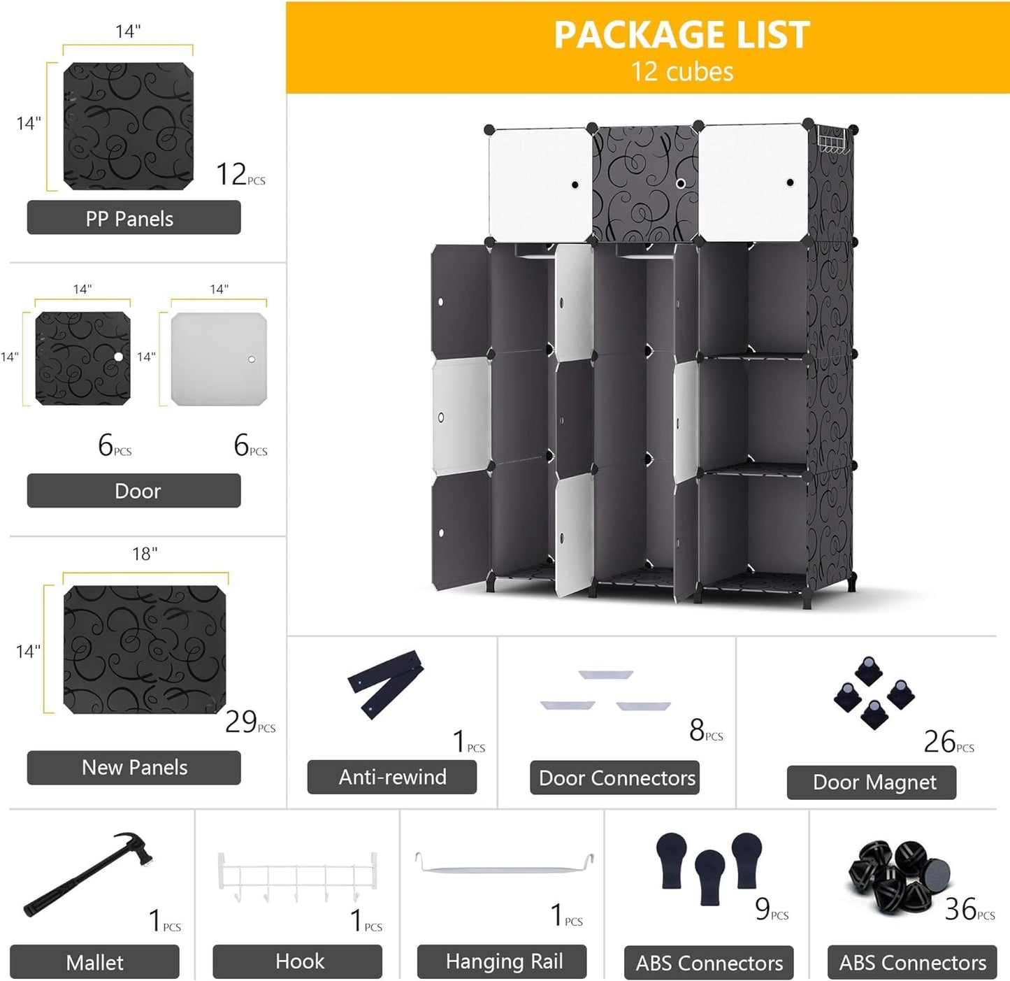 HOMIDEC Wardrobe, Portable Shelf System, 20 Cube Plastic Cabinet with 2 Clothes Rails, Bedroom Wardrobe, White for Bedroom, 180 x 142 x 45 cm