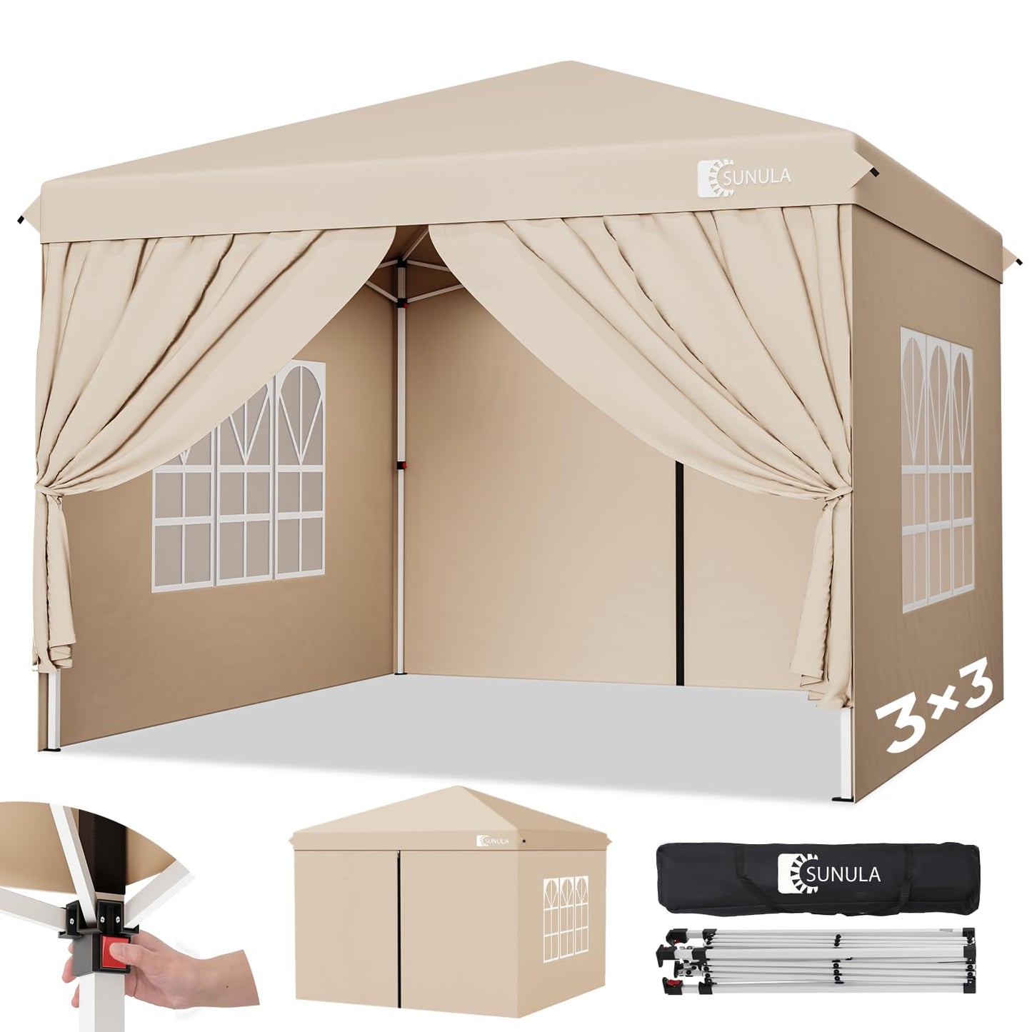 Gazebo 3 x 3 Waterproof Stable Winterproof with 4 Side Walls, Folding Gazebo 3 x 3 m with Thickened Tubes, Party Tent, Garden Gazebo, Folding Tent for Camping, Festival, Party (Grey)