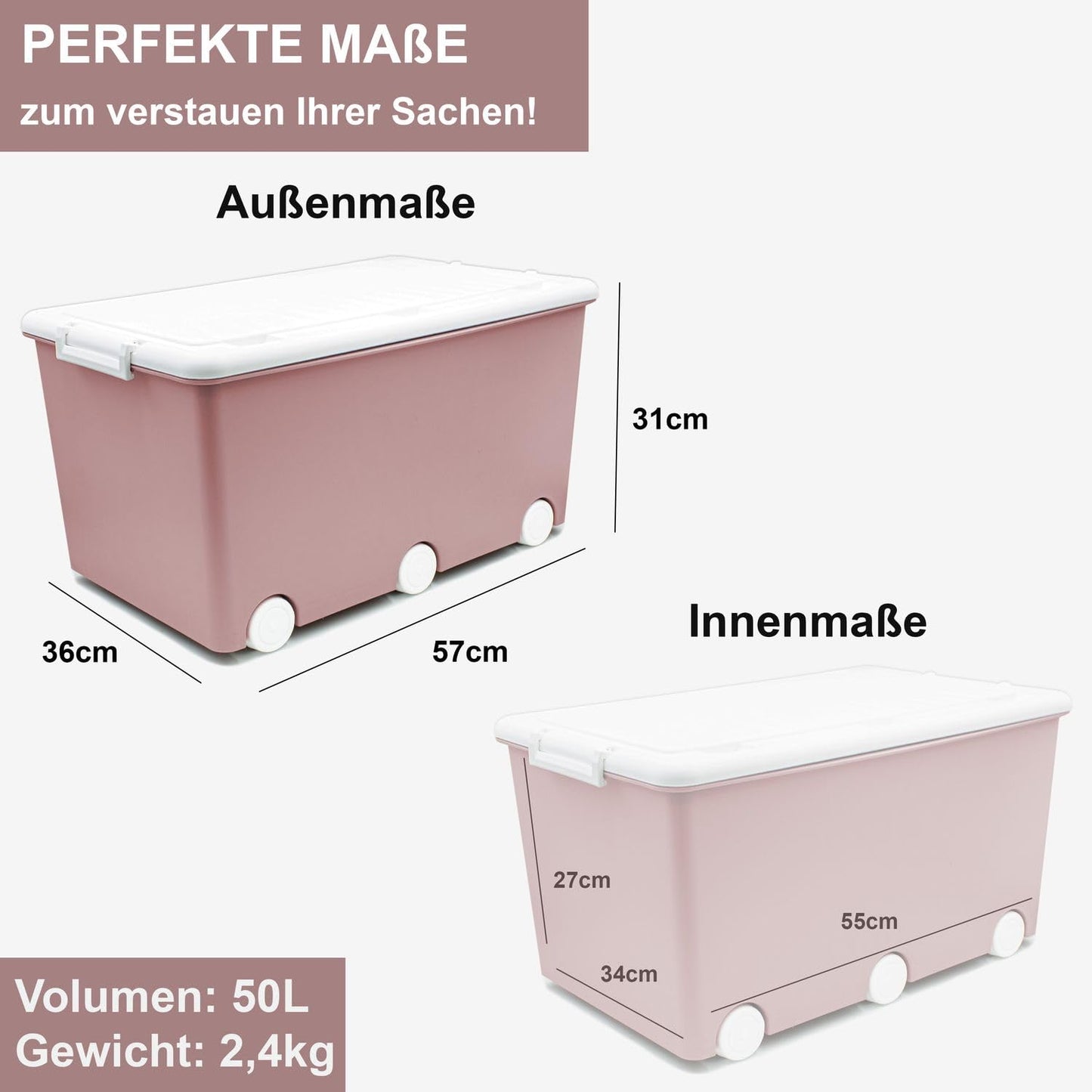 Babykajo 3 Storage Boxes with Lid and Wheels 50 L - Stacking Boxes with Lid Opaque - Plastic Box with Lid for Closing - Boxes Storage with Lid