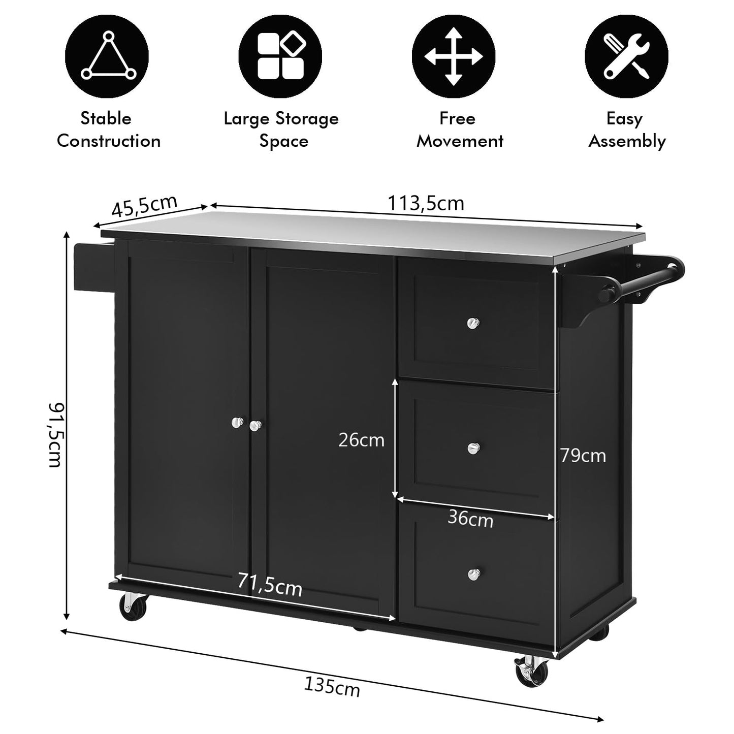 KOMFOTTEU Movable Kitchen Island with Stainless Steel Worktop, Kitchen Trolley with 3 Drawers & Towel Rail & Adjustable Shelf, Kitchen Cabinet on Wheels, Kitchen Trolley 135 x 45.5 x 91.5 cm (Black)