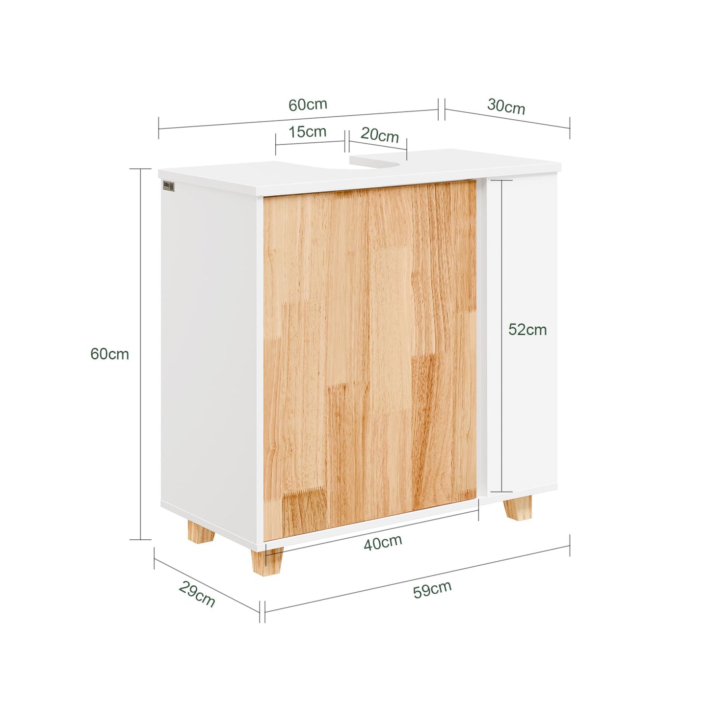 SoBuy BZR75-W Vanity Unit Bathroom Furniture - Bathroom Cabinet with Siphon Cut-Out, 2 Doors & 2 Open Compartments - Space-Saving Vanity Unit, White / Natural 60 x 60 x 29 cm