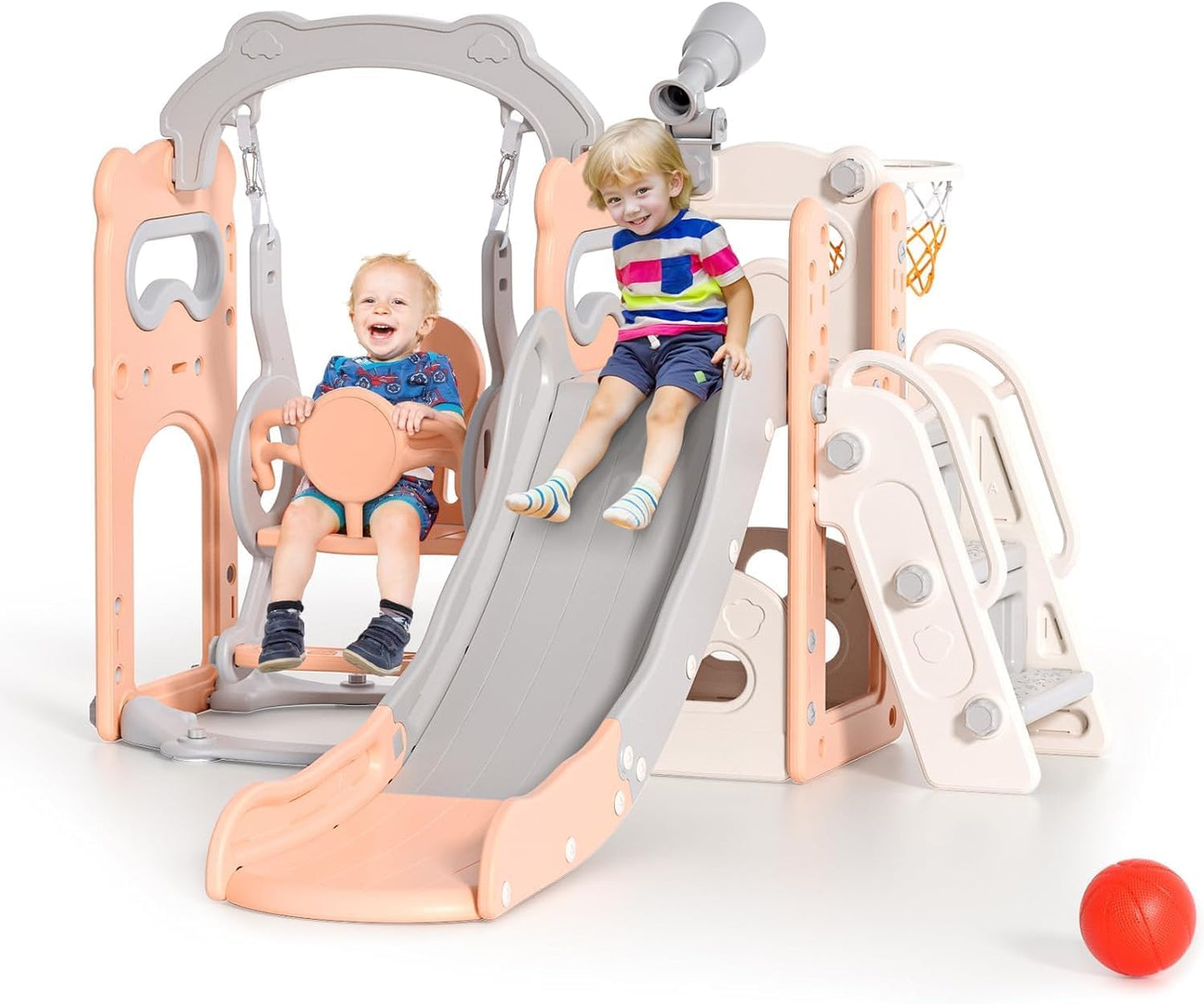 Children's Slide, Large Toddler Slide with Basketball Hoop, Climbing Frame for the Garden, Telescope, Storage Space, for 1-3 Years, Extra Long 1700 mm (7-in-1 Elk Slide Active Model (Khaki)))