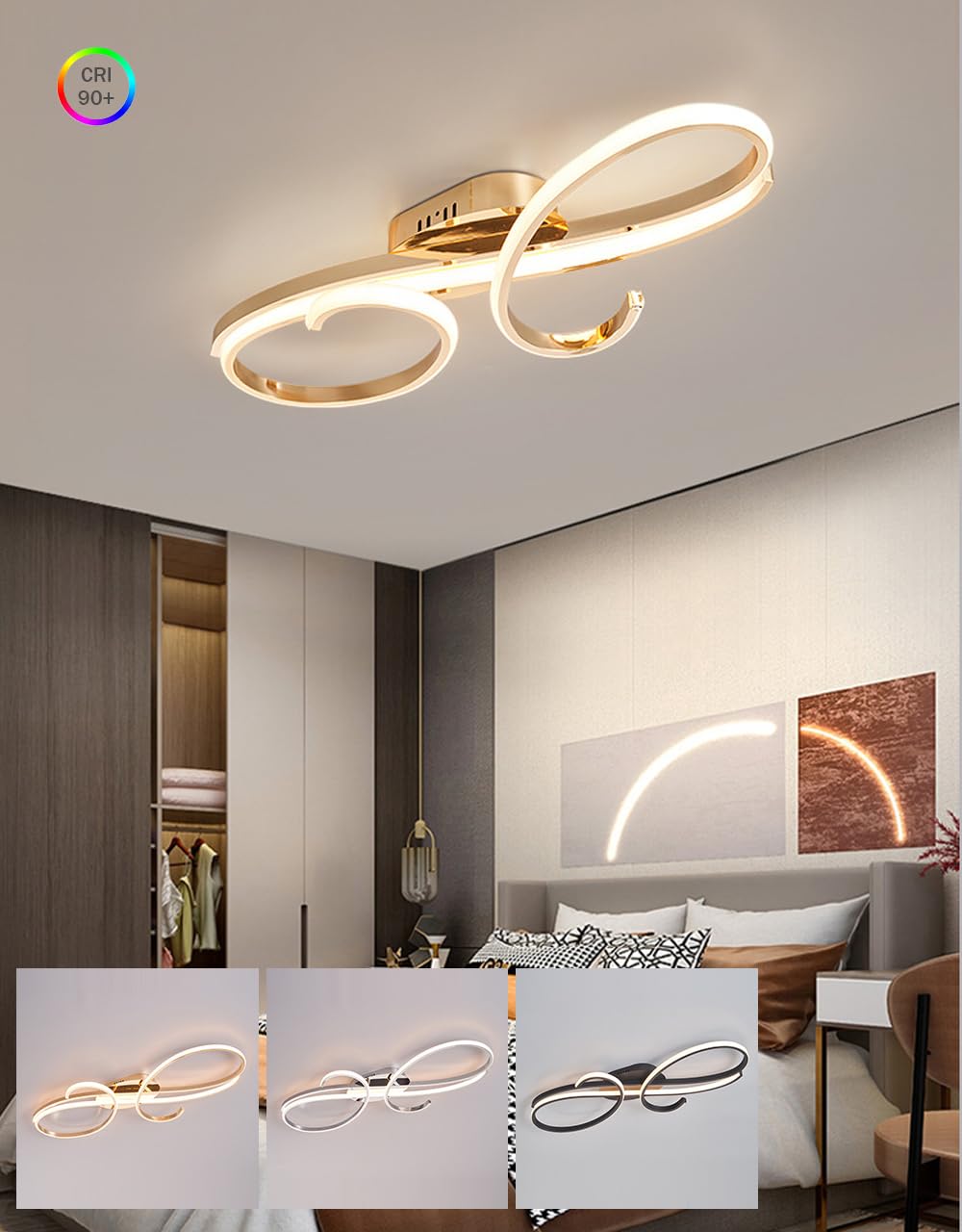 WSXEDC Moderne Kreative LED Deckenleuchte Dimmbare Metall Chrom für die Augenpflege Deckenlampe Mit Fernbedienung für Wohnzimmer Schlafzimmer Esszimmer Flure Gold 60cm