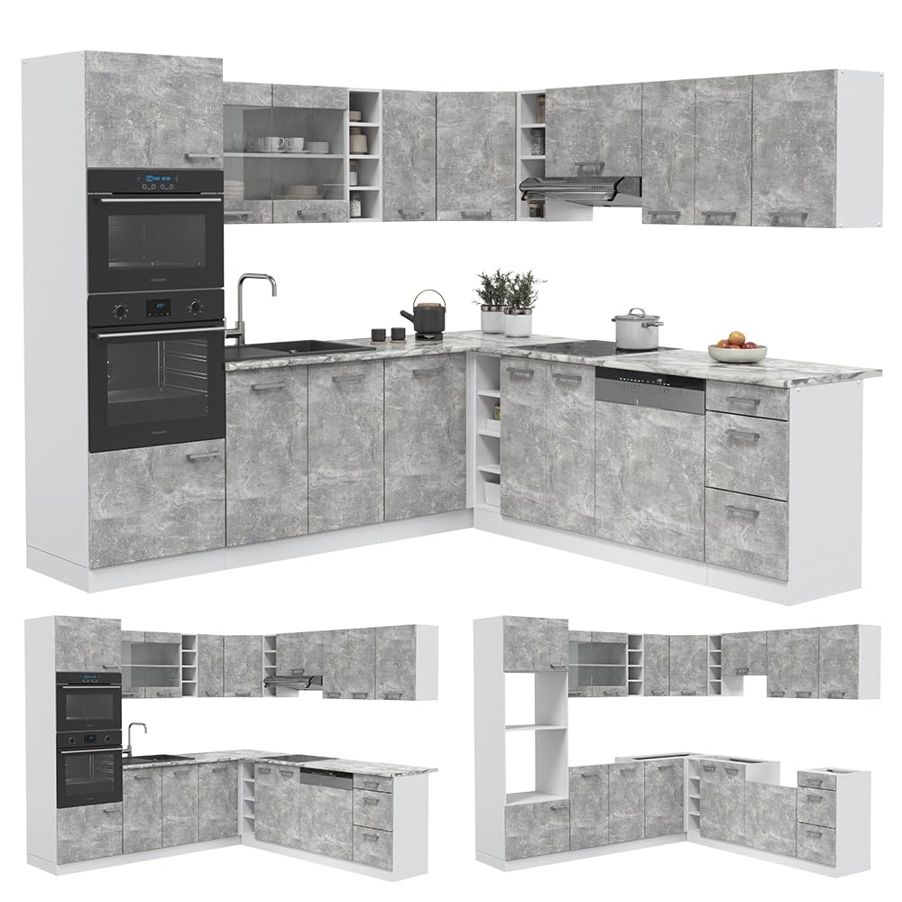Vicco R-Line Fitted Kitchen Cabinets Country House Kitchen Furniture (White, Corner 247 x 237 cm)