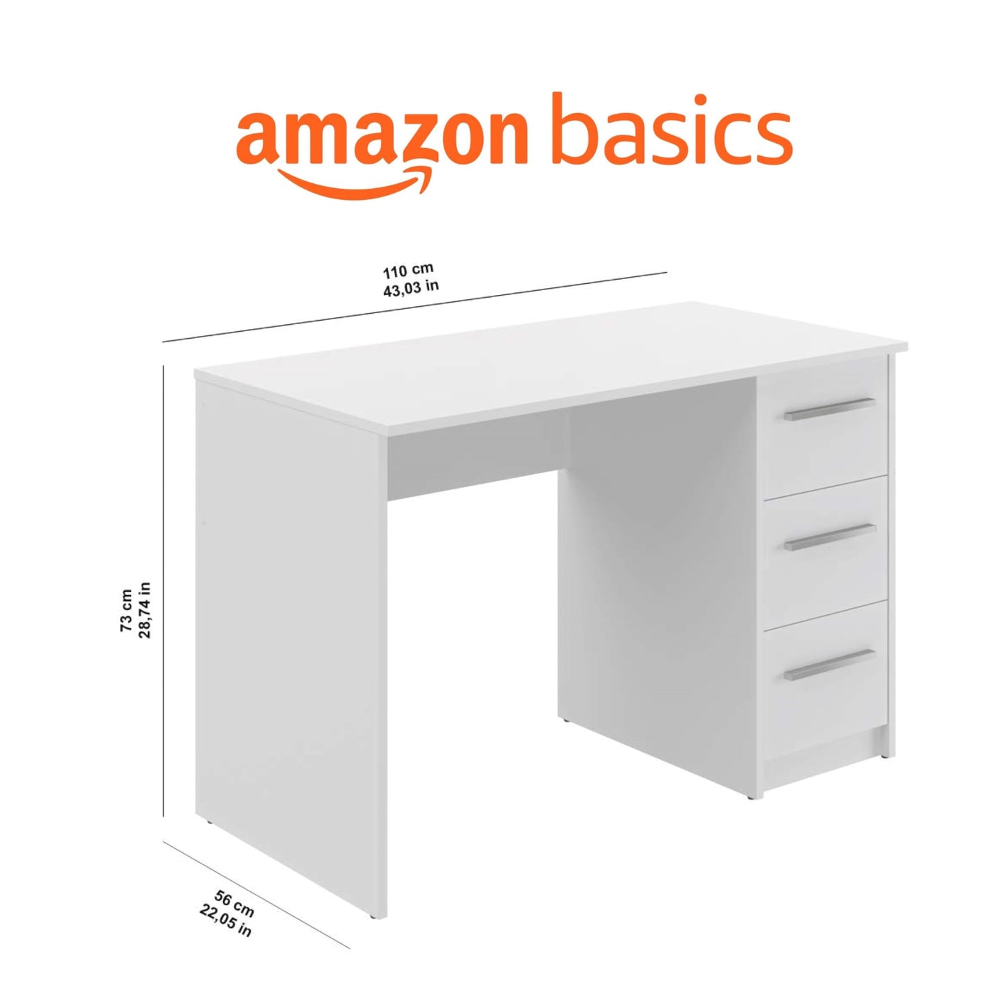 Amazon brand - Movian Idro modern desk, computer desk with 3 drawers, 56 x 110 x 73.5, white