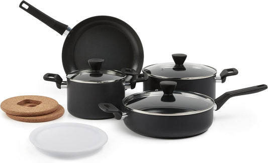 Amazon Basics 10-teilig Harteloxiertes, antihaftbeschichtetes, stapelbares Kochgeschirr-Set mit Töpfen und Pfannen platzsparend, PFOA-frei, Schwarz