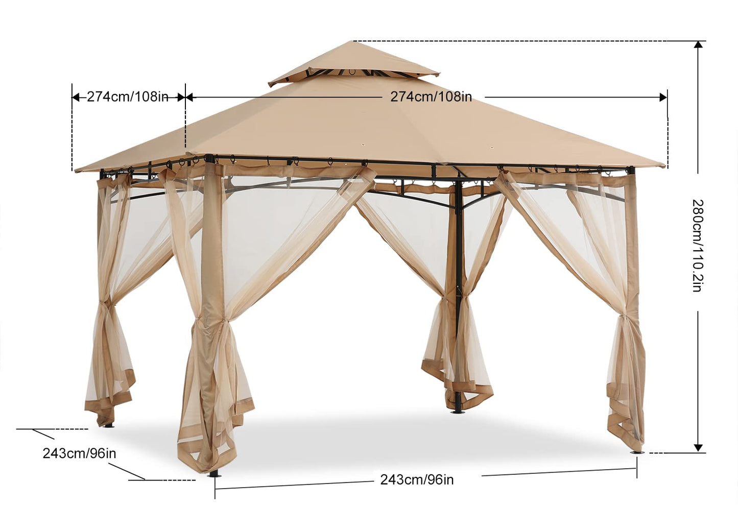 ABCCANOPY Pavillon 2.5x2.5m Wasserdicht Stabil Winterfest Gartenpavillon，Doppeldachweichdach Hinterhof-Partyzelt mit Netz für Schatten und Regen,Grau