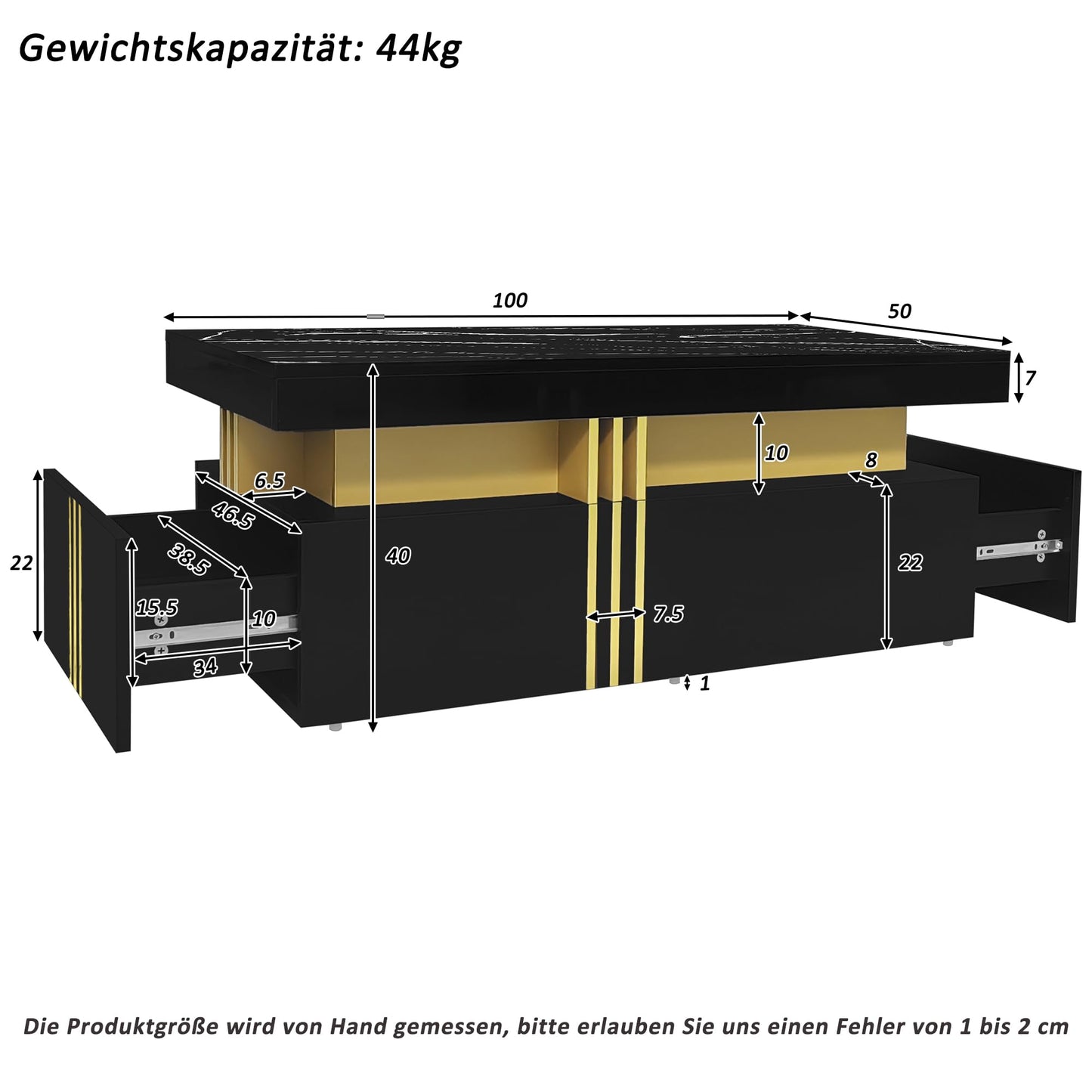 Merax Coffee Table LED High Gloss Middle Table Tea Table for Living Room Black Living Room Table with 2 Drawers and Open Compartment, Rectangular Side Table Sofa Table Coffee Table for Bedroom Office
