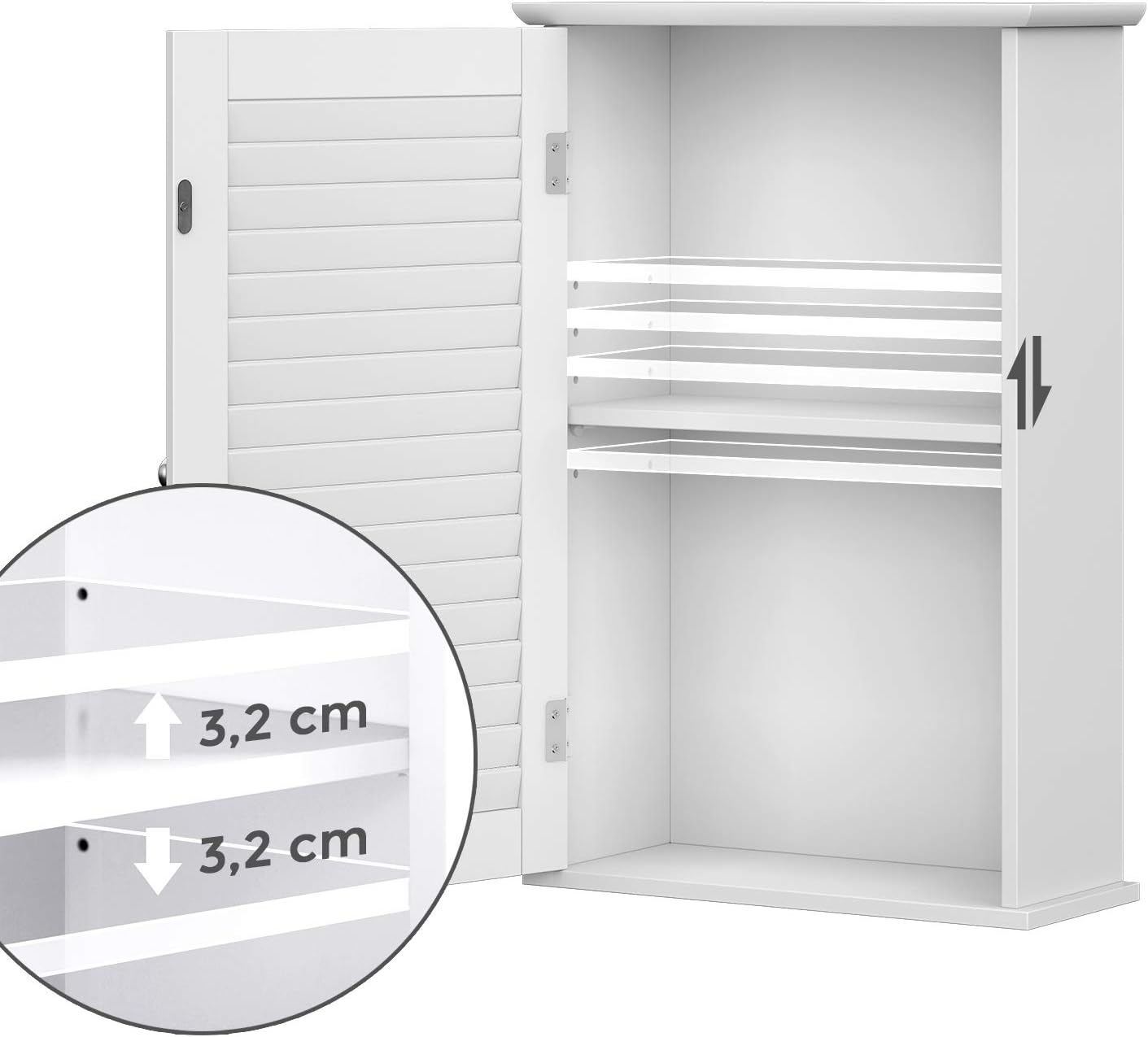 VASAGLE BBC24WT Wall Cabinet, Bathroom Cabinet, Medicine Cabinet with Height-Adjustable Shelf, Bathroom Cabinet with Door, 40 x 16 x 60 cm, Wood, White