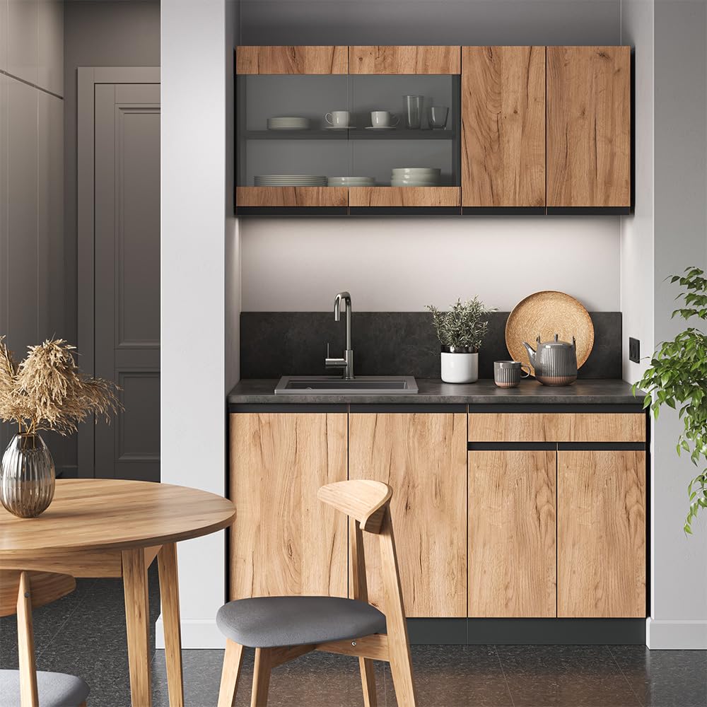 Vicco Single Kitchen R-Line, Goldkraft Oak/Anthracite, 140 cm, AP Anthracite