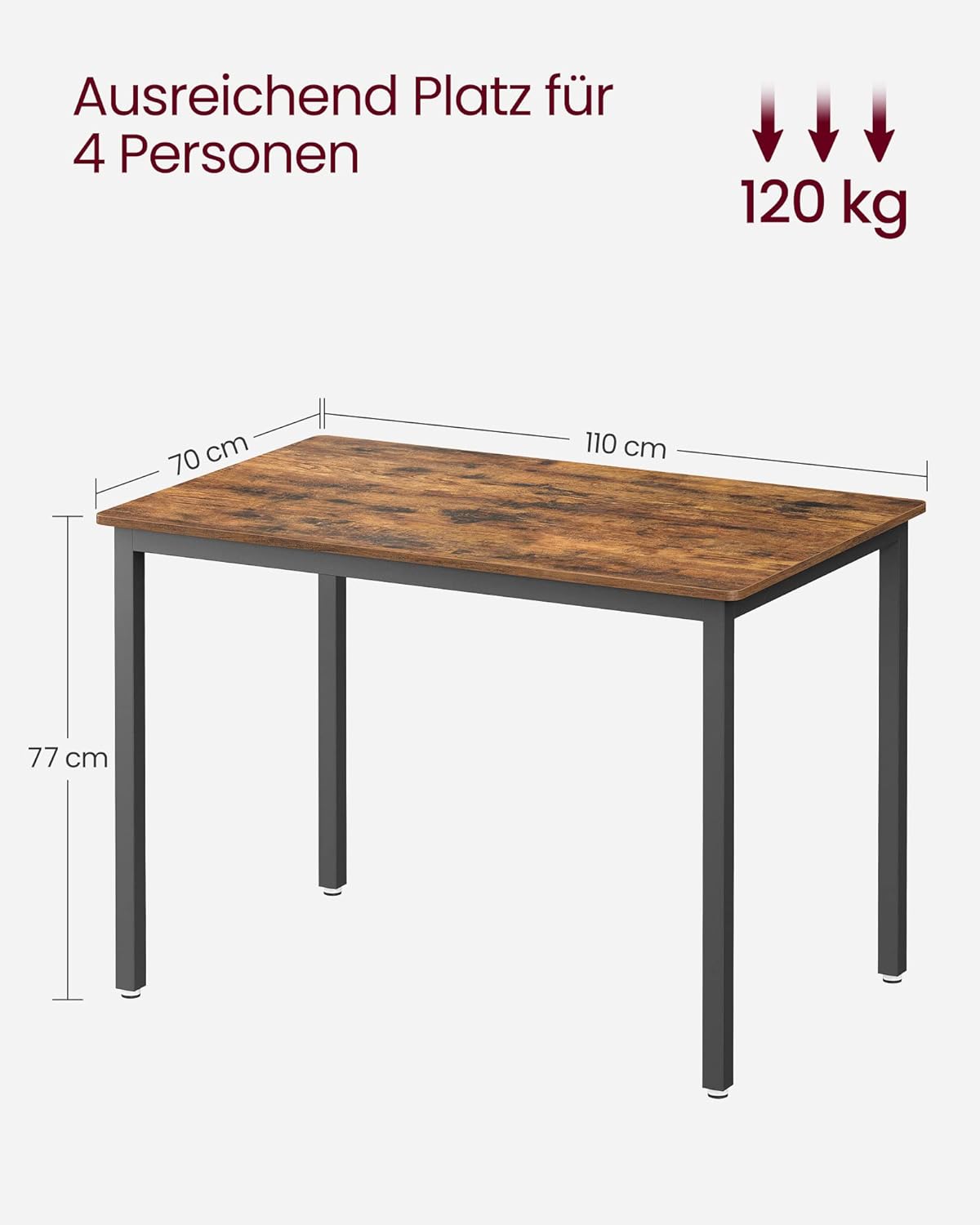 VASAGLE Dining Table Kitchen Table 70 x 110 x 77 cm Dining Room Table for 4 People Table Living Room Desk for Dining Room Kitchen Industrial Design Vintage Brown Matte Black KDT081B01
