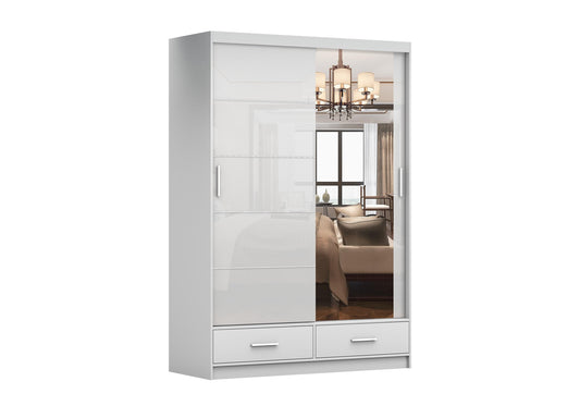 Fabryka Mebli Idźczak Kleiderschrank mit Spiegel weiß - Schwebetürenschrank - Schlafzimmerschrank - 61 x 250 x 218 cm - Wohnzimmerschrank - Garderobenschrank, Schrank mit 2 Türen, 4 Schubladen