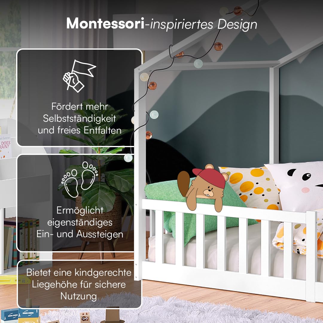 Bellabino Bia Children’s Bed, 90 x 200 cm, Children’s House Bed incl. Fall Protection and Rolled Slatted Frame, Montessori Floor Bed, White, Solid Pine Wood