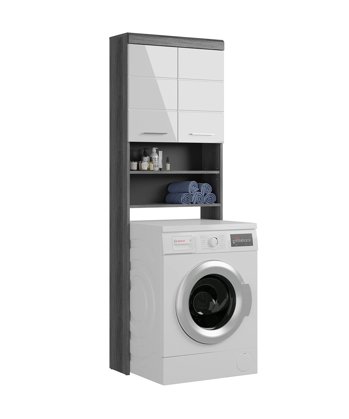 Badezimmer Scout X06B2723 Wall-Mounted Cupboard Wide Cabinet in Front White High Gloss Body Smoke Silver Nb. Approx. 74 x 79 x 24 cm