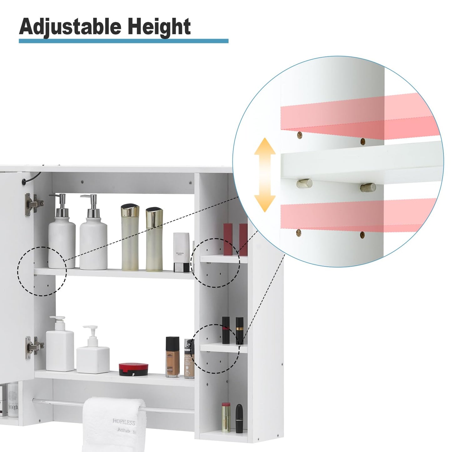 TUKAILAI Mirror Cabinet with LED Lighting, 6 Open Shelves and Adjustable Shelves, Bathroom Mirror with Touch Switch, Bathroom Mirror, Light Mirror, Wall Mirror, Bathroom Cabinet for Bathroom