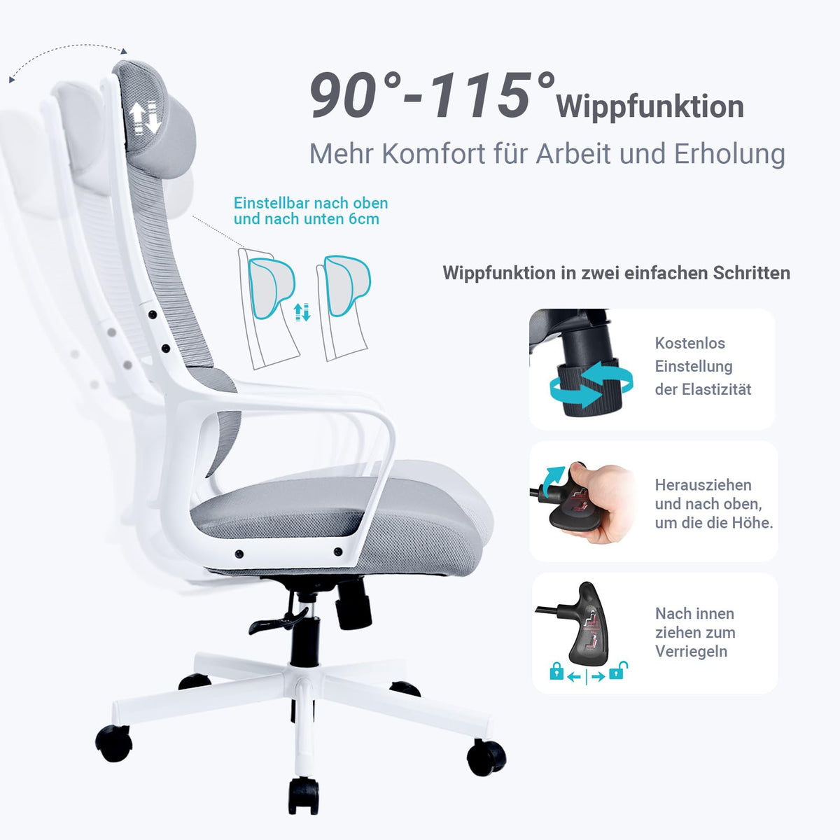 Ergonomic Office Chair with Height Adjustable Headrest, High Back, Lumbar Support, Silent Casters, Heavy Duty Chair for Conference Workspace Area, EN1335 Standard (Grey)