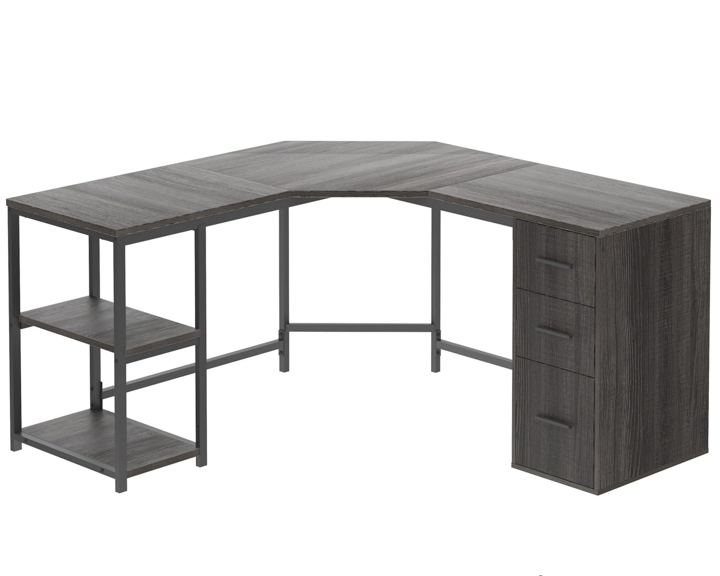 LVB White L Shaped Corner Desk with Drawers, Reversible Modern L Shaped Computer Desk with Storage Cabinets, Large L Shaped Wooden L Shaped Desk Metal L Shape