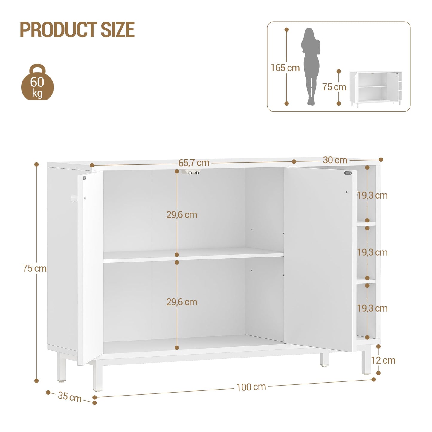 Hzuaneri SC10203G Bathroom Cabinet, Kitchen Cabinet with 2 Doors, Side Cabinet, Sideboard with Open Compartment, Chest of Drawers, Adjustable Shelf, Bathroom, 35 x 100 x 75 cm, White Gold