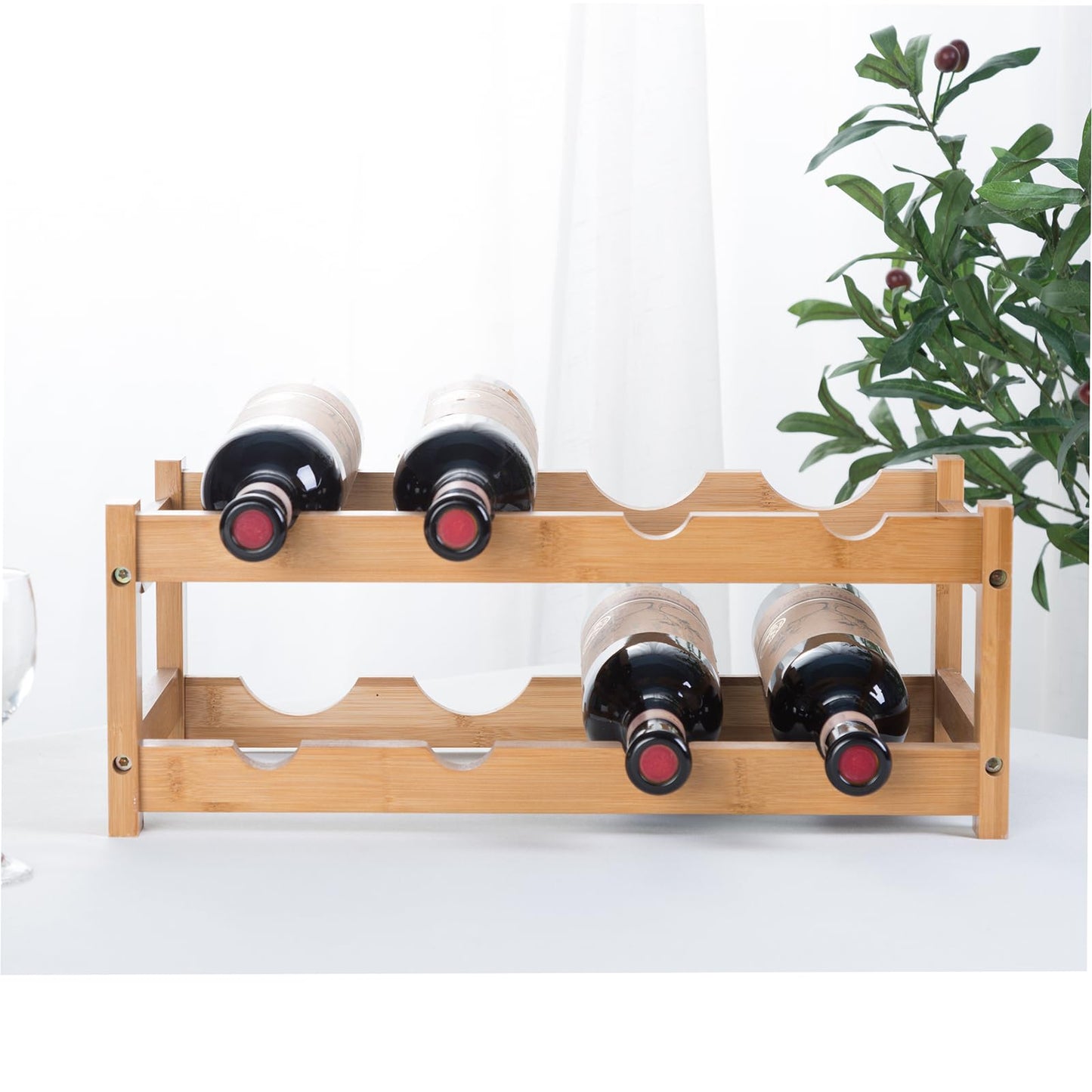 Wine Rack, Small Bottle Rack Storage Holder, Natural Bamboo Bottle Holder, Wine Bottle Shelf for Kitchen, Countertop, Cellar, Bar, Cabinet (2 Tiers, 8 Bottles)