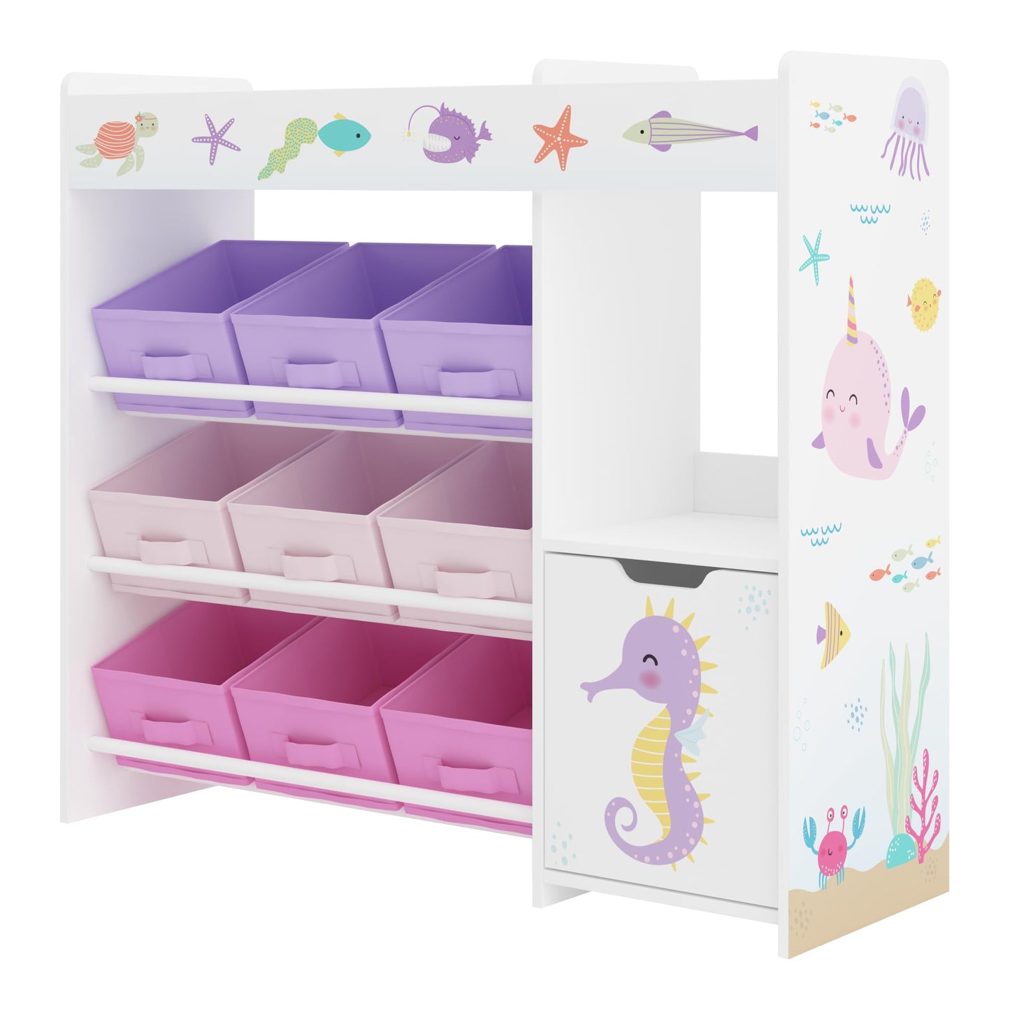 [en.casa] Kinderregal Søndreland Bücherregal für Kinder mit 9 Aufbewahrungsboxen Spielzeugregal mit Schrank 80 x 90 x 30 cm Spielzeug Aufbewahrung Ozean Motiv