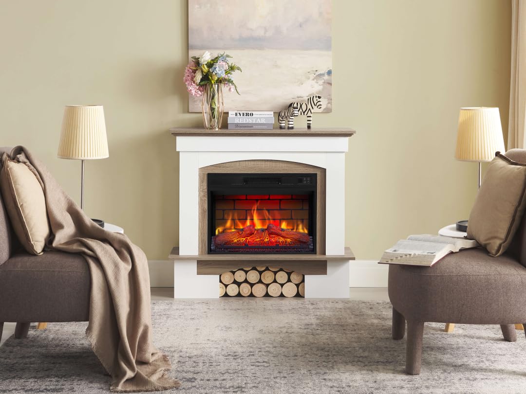 Woodley AF23BS White Brick Effect Electric Fireplace with LED Flame Effect, Heating up to 30 m², Remote Control, Realistic Design, Energy Saving, Freestanding, Grey Oak