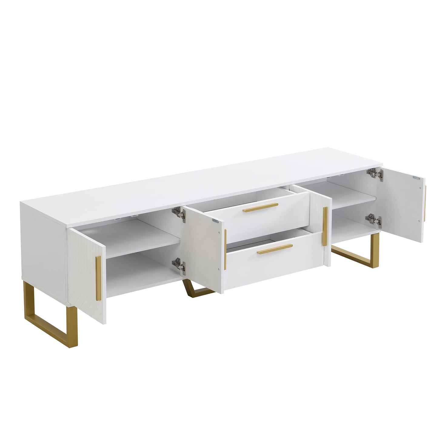 TV Cabinet Length 170 cm for TVs up to 75 Inches, Lowboard with Golden Handles and Feet, TV Cabinet with 4 Doors and 2 Drawers, Living Room Furniture TV Board, White