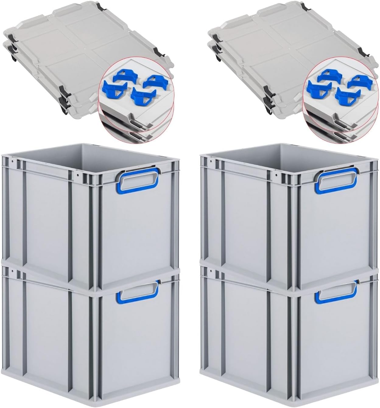 PROREGAL Economy Set of 5 Eurobox NextGen Colour with Lid and Sliding Snap Fasteners, H x W x D 22 x 30 x 40 cm, 20 L, Black, Closed Handles, Euro Container, Transport Box, Transport Container