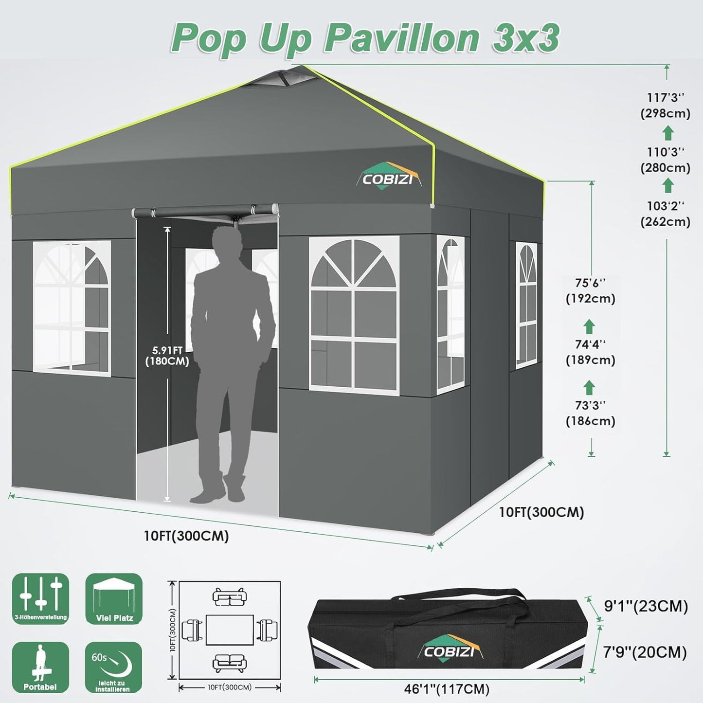 COBIZI Faltpavillon 3x6 Pavillon wasserdicht Winterfest, Ein-Tasten-Zentralverriegelung Partyzelt Faltbar Anti-UV mit 6 Seitenwänden, Gartenpavillon mit Leuchtstreifen für Hochzeiten, Freien, Garten