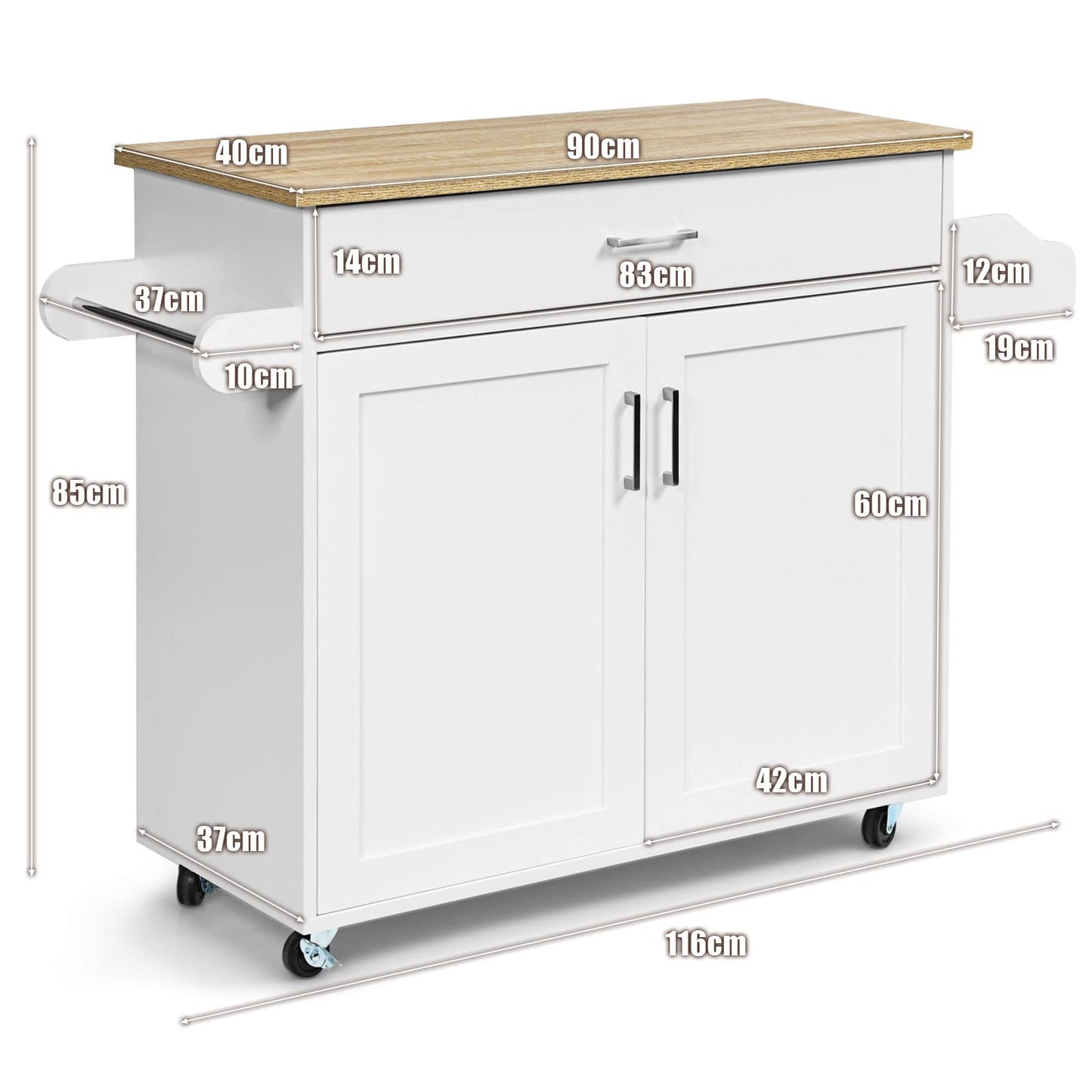 COSTWAY Kitchen trolley with towel holder and spice board, kitchen island with drawer and height-adjustable shelf, kitchen cabinet rollable, wooden serving trolley, kitchen island trolley (black)