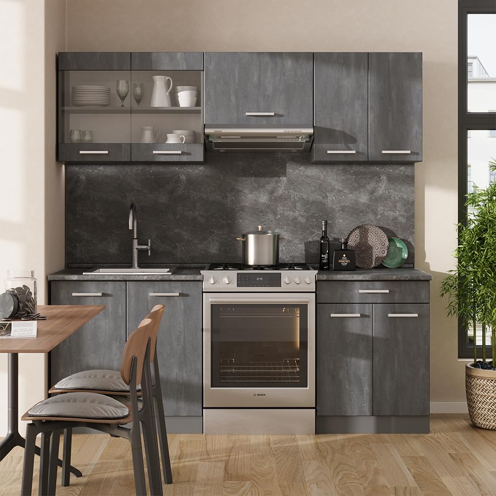 Vicco R-Line Kitchen Unit, White High-Gloss / Anthracite, 200 cm without Worktop