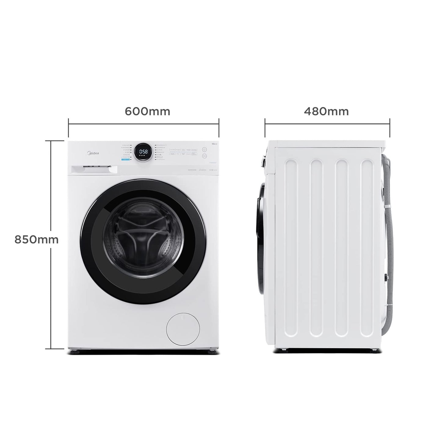 Midea MF200W80WB-14AS Washing Machine, 8 kg, Energy Efficiency Class A, Automatic Volume, Steam Care, Refill Function, 1400 rpm, Time Saving, Turbo, Only 48 cm Deep, App Control, AquaStop, White