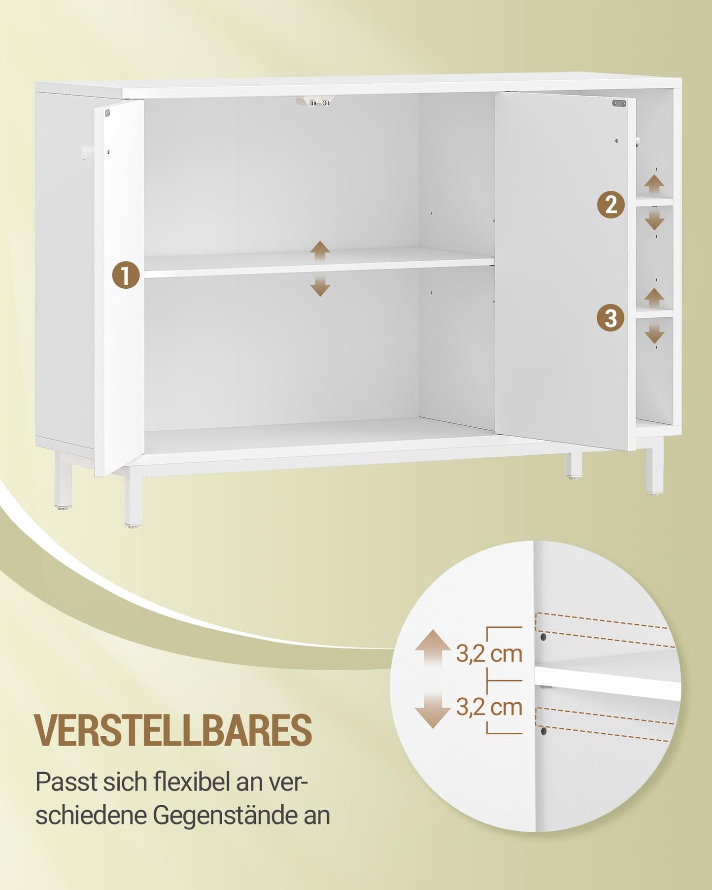 Hzuaneri SC10203G Bathroom Cabinet, Kitchen Cabinet with 2 Doors, Side Cabinet, Sideboard with Open Compartment, Chest of Drawers, Adjustable Shelf, Bathroom, 35 x 100 x 75 cm, White Gold