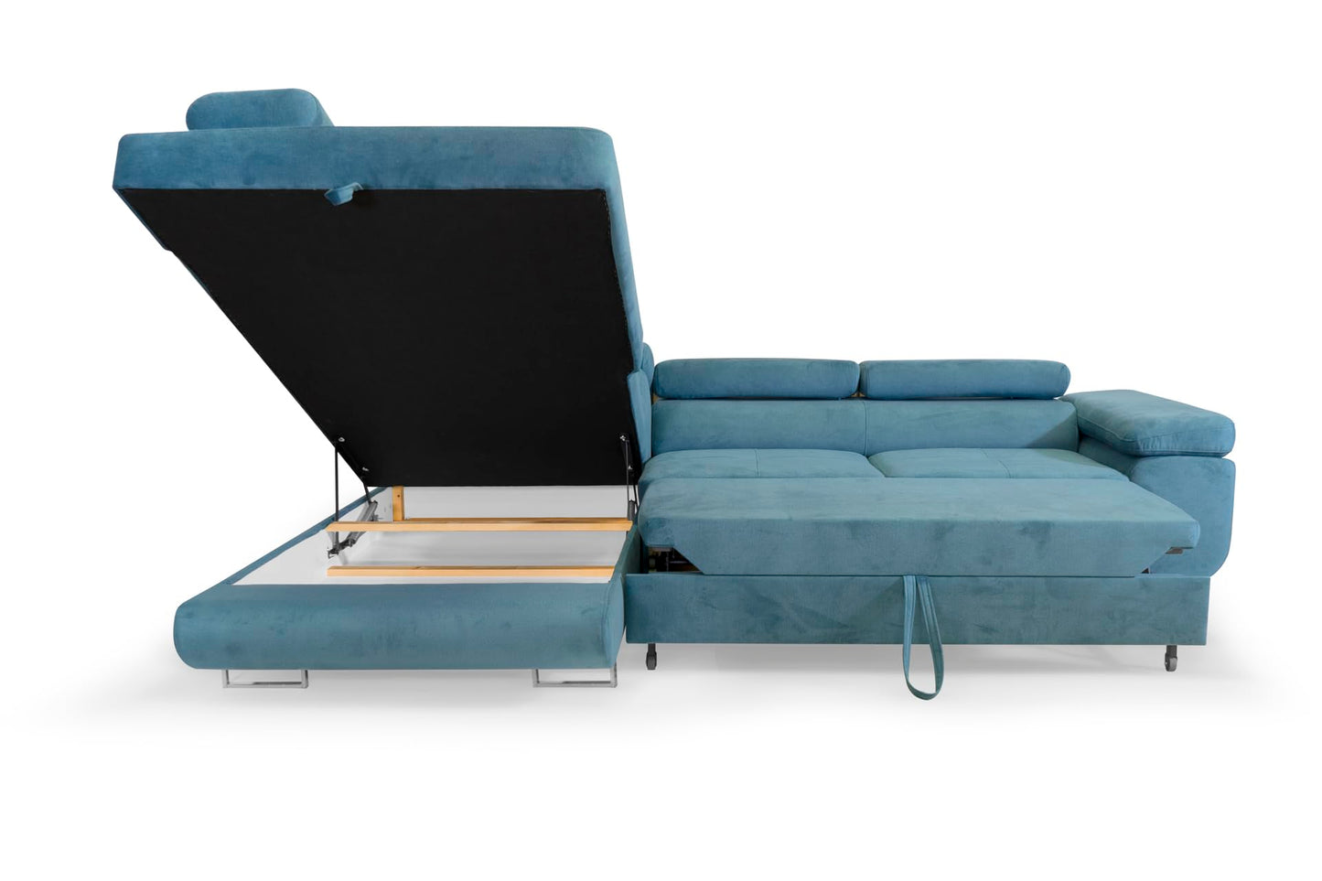 Aller L-Shaped Corner Sofa with Sleep Function and Bed Box in Jasmine, Left Ottoman (Dark Grey)