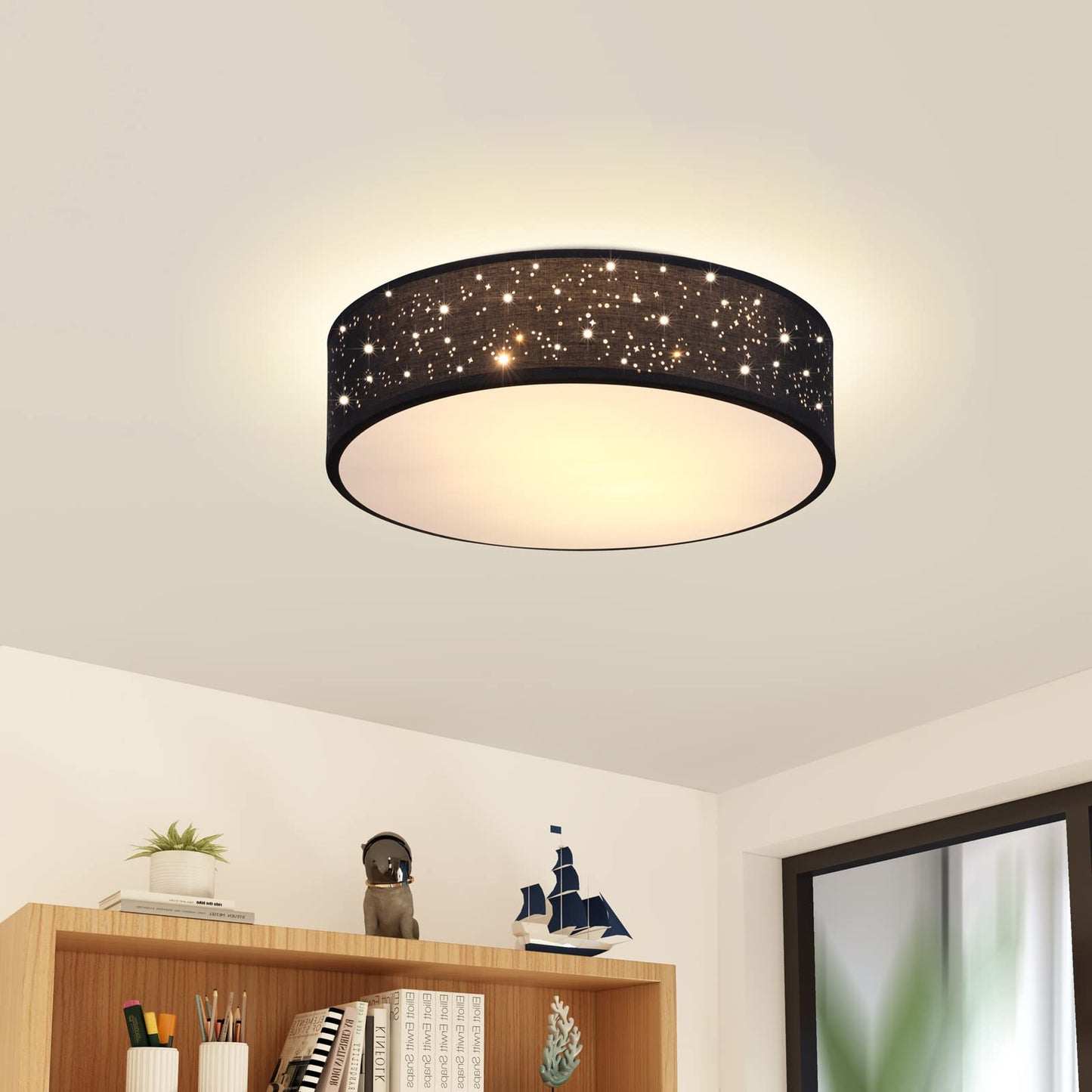 MONZANA® Ceiling Light Starry Sky Living Room Bedroom E27 Grey Round 38 cm Fabric Shade 2 Bulbs 40 W Kitchen Lamp Ceiling Light Fabric Ceiling Lamp
