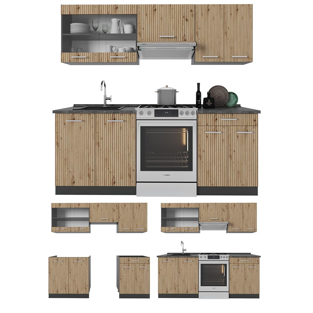 Vicco R-Line Kitchen Unit, White High-Gloss / Anthracite, 200 cm without Worktop