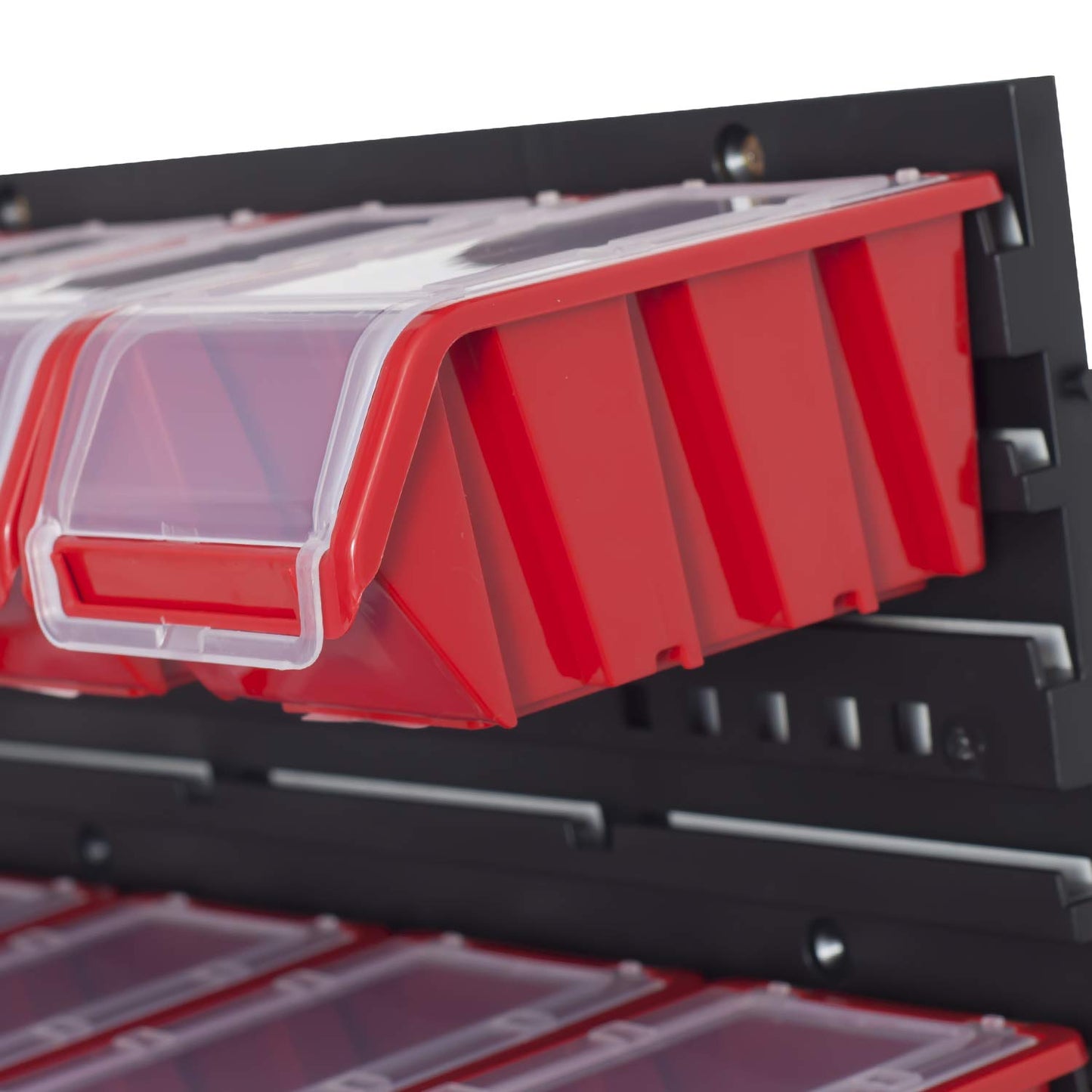 PAFEN Storage System, Stacking Boxes with Lid, Wall Shelf, 772 x 390 cm, Pack of 24 Boxes, Tool Wall, Workshop Shelf, Chute Rack, Black/Red