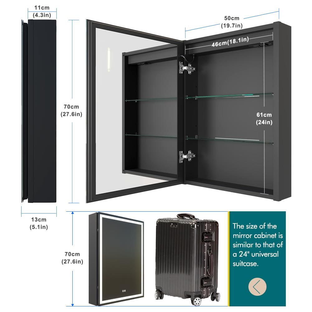 KWW LED Beleuchtetes Badezimmer Medizin Kabinett mit Spiegel, Farbtemperatur Einstellbar, Anti-Nebel Dimmbare Lichter, Steckdosen für USBs (75 x 70 cm)