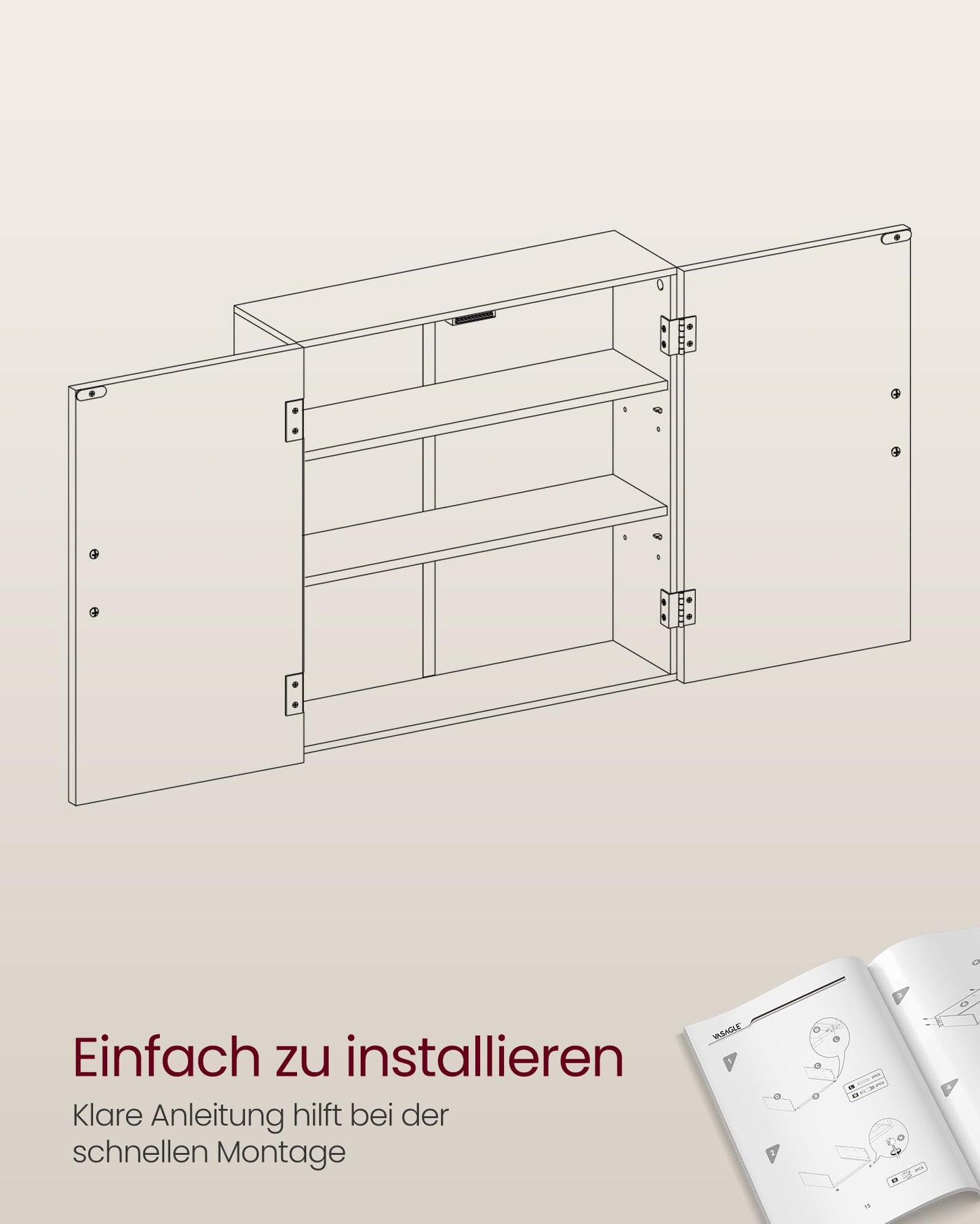 VASAGLE BBC320P36 Wall Mounted Bathroom Cabinet 18 x 60 x 60 cm Wall Cabinet with Adjustable Shelves Dove Grey