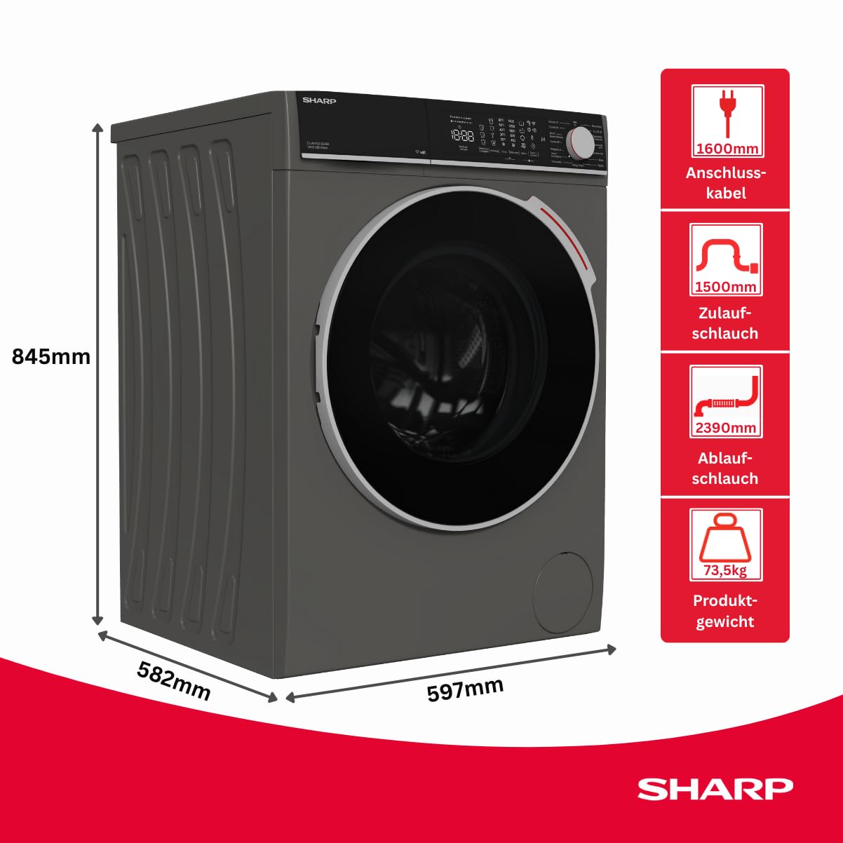 Sharp ES-WNFL914CMDA-DE Washing Machine, 9 kg, 1400 rpm, Energy Efficiency Class A (-20%), Inverter Motor, AquaStop, AquaGuard, WiFi, LED Touch, Steam Function, Black