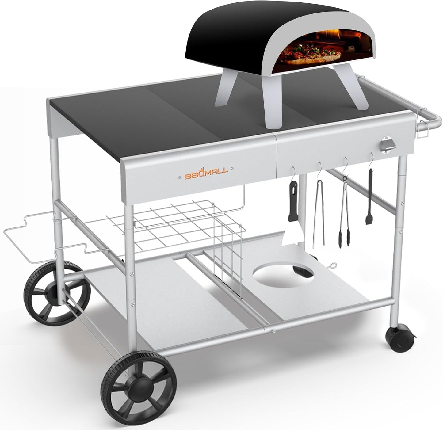 GFTIME Improved Pizza Ovens Grill Trolley for Koda/Karu/Fyra 16 & 12, 128 x 64 x 78 cm Rolling Kitchen Trolley, Serving Trolley Grill Stand for Ninja Woodfire, Blackstone Griddle, Trolley for Weber Q