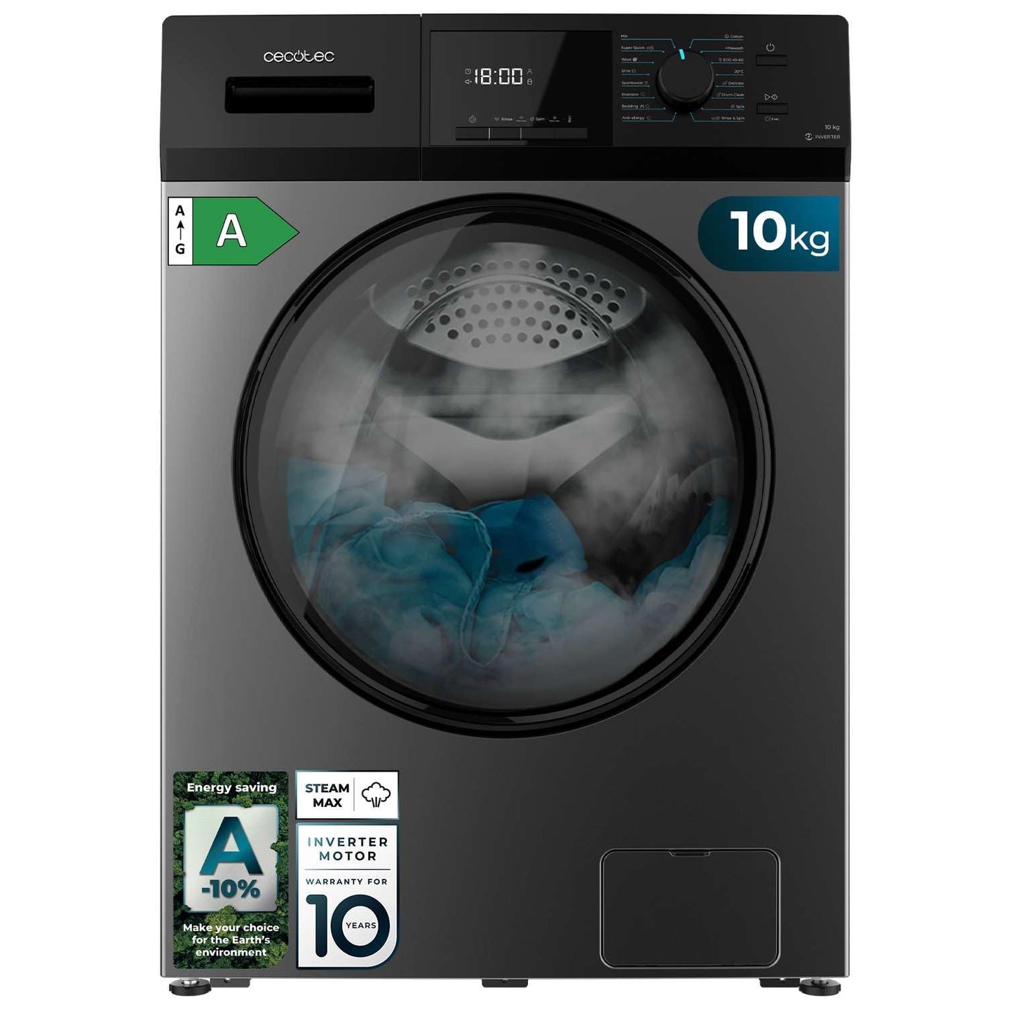 Cecotec Waschmaschine 7 kg Frontlader Bolero Dresscode 7410 Inverter A. 1850W, 1200 U/min einstellbar, 16 Programme, Inverter Plus Motor, Niedriger Verbrauch, Dampf, Kleidung sterilisieren