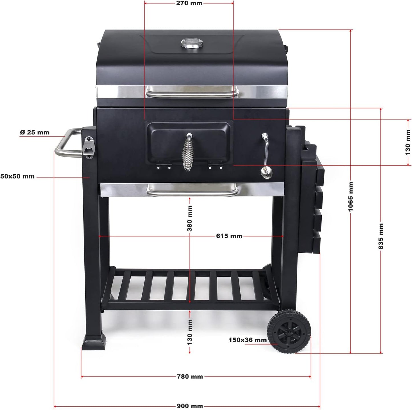 BBQ Charcoal Grill Trolley with Lid, Shelf and Fire Flap, Height Adjustment for Coal, Thermometer