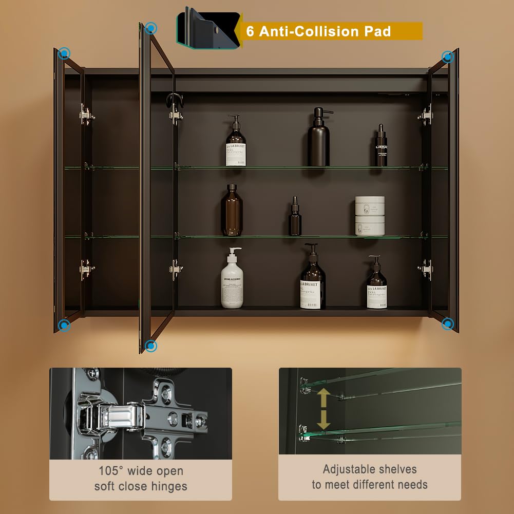 KWW LED Beleuchtetes Badezimmer Medizin Kabinett mit Spiegel, Farbtemperatur Einstellbar, Anti-Nebel Dimmbare Lichter, Steckdosen für USBs (75 x 70 cm)