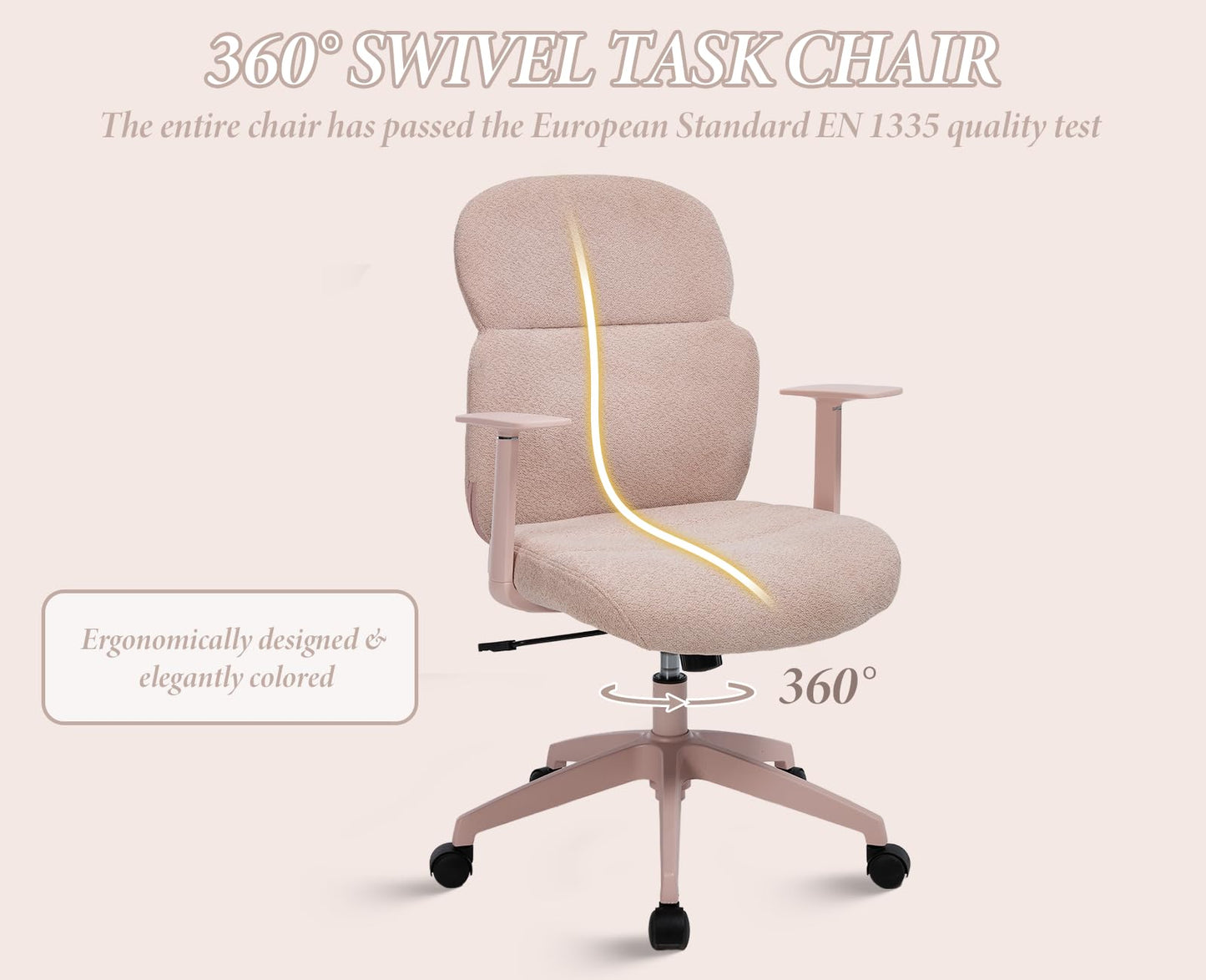 DAYALANE Ergonomischer Bürostuhl, Schreibtischstuhl Wippfunktion Höhenverstellbar aus Chenille, Computerstuhl Drehstuhl für Arbeitszimmer Büro Home Office, Rosa