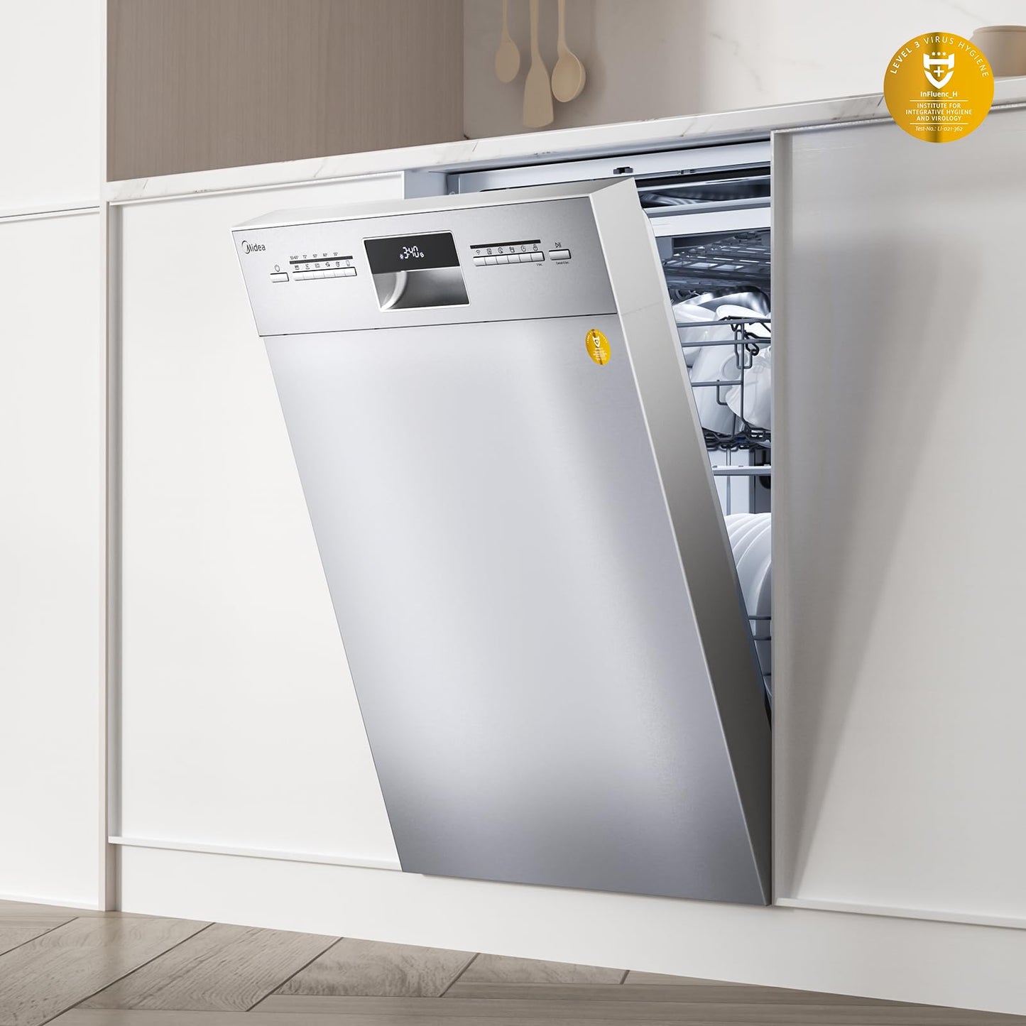 Midea SU 5.35X14CS Dishwasher Base, 14 MGD, Dishwasher 60 cm, Home Connect, Hygiene Care+, Machine Care +, Extra Drying, Half Load, 44 db, Start Delay, Stainless Steel