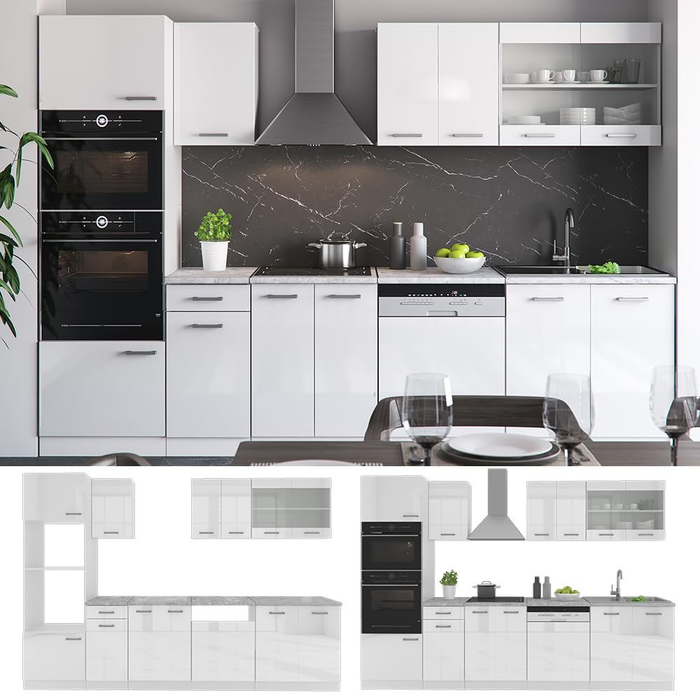 Vicco R-Line Kitchen Unit, High-Gloss Anthracite/White, 300 cm with Tall Cabinet, without Worktop