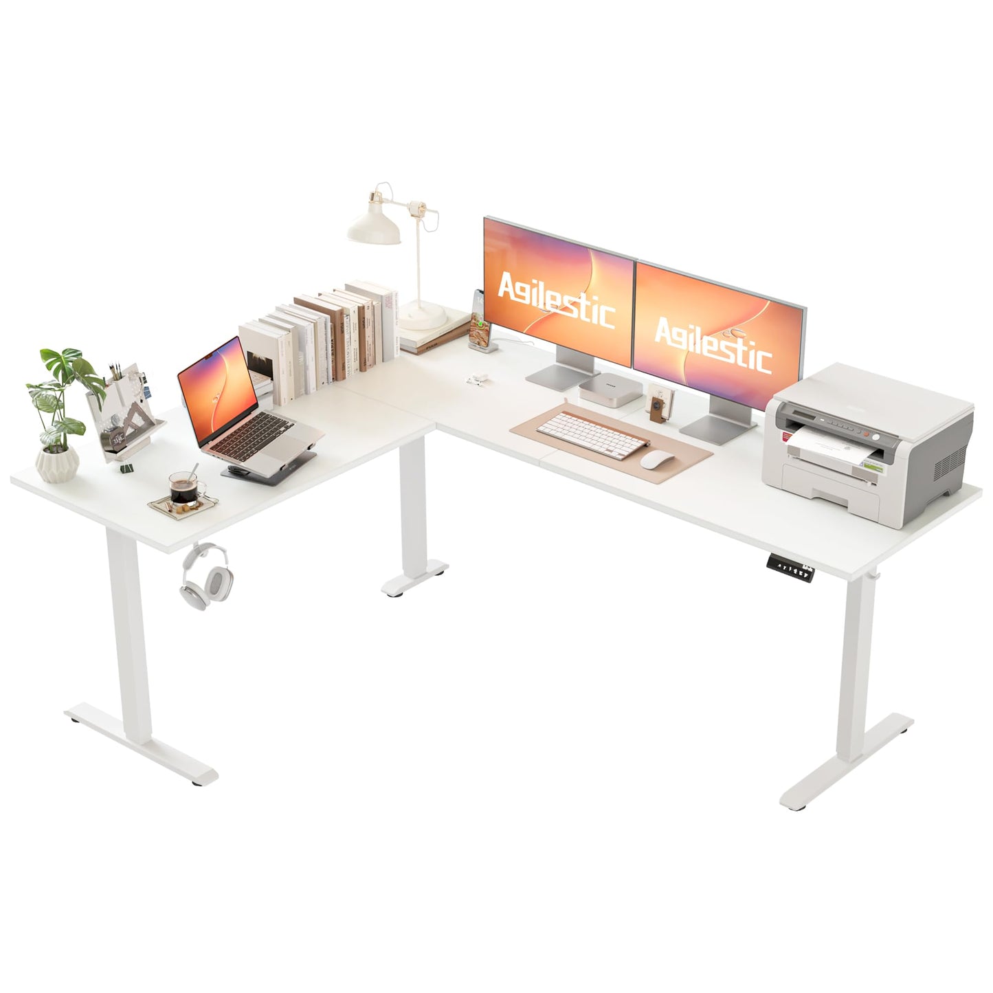 Agilestic L-Shaped Height-Adjustable Desk, 160 x 140 cm Desk, Height Adjustable, Electric, Corner Desk, Ergonomic Standing Seat Table, Computer Desk, White