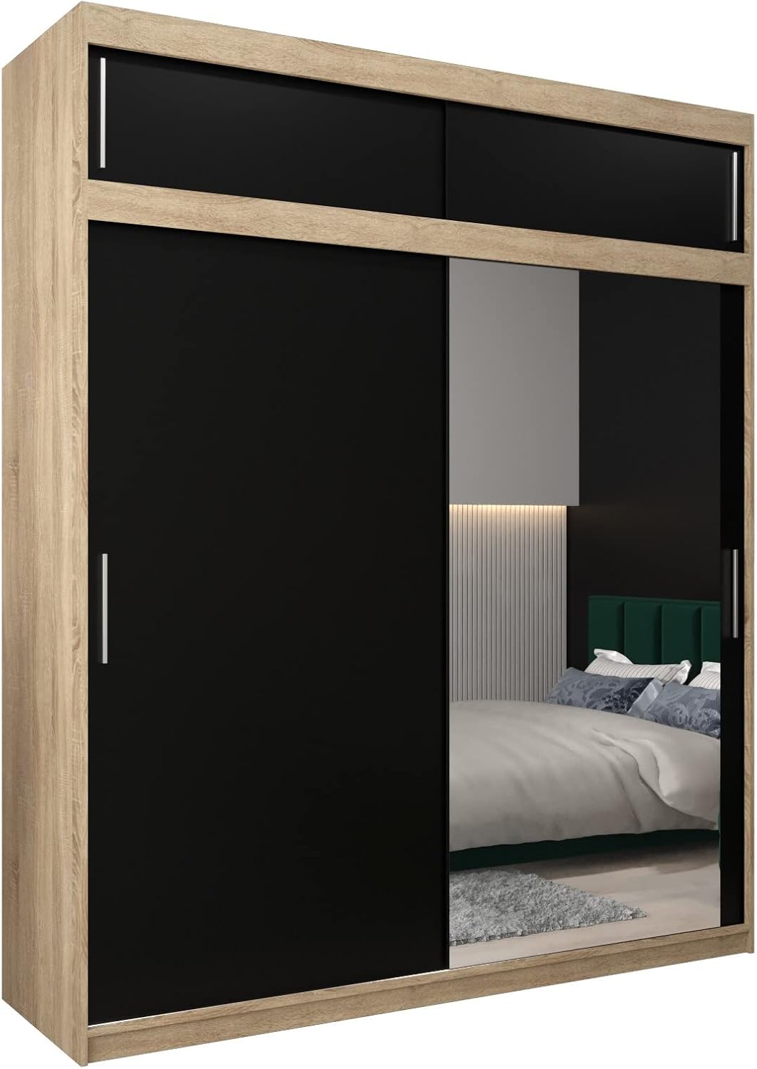 MEBLE KRYSPOL Kleiderschrank mit Spiegel Tokyo 2 - Garderobenschrank - Schrank Schlafzimmer - Mehrzweckschrank DREI Schiebetüren - Regalen - Flur Möbel - Kleiderstange Schrank - Allzweckschrank