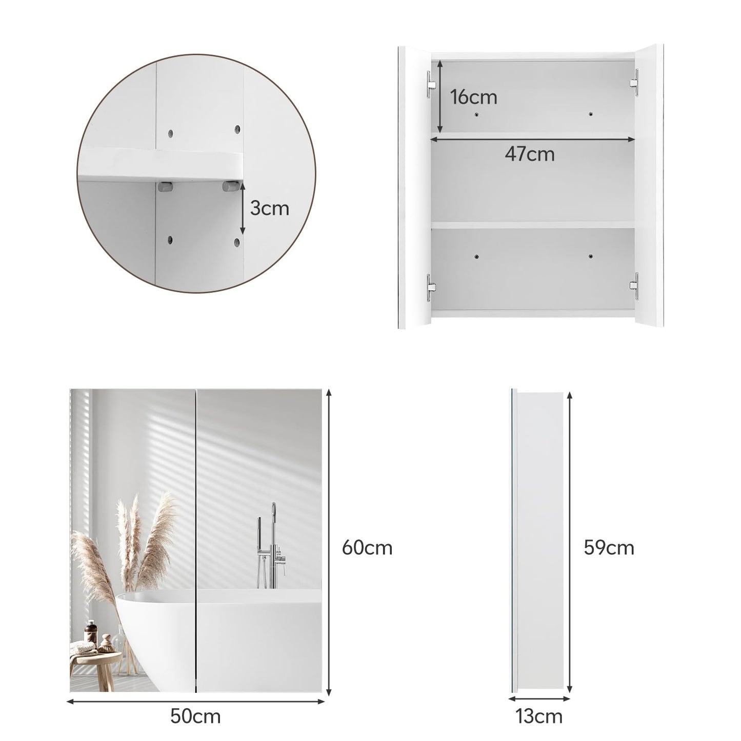 TUKAILAI Mirror Cabinet Bathroom Cabinet with 2 Toy Doors and Additional Shelf Storage Cabinet with Adjustable Shelves Wall Cabinet Medicine Cabinet Wall Cabinet for Bathroom White