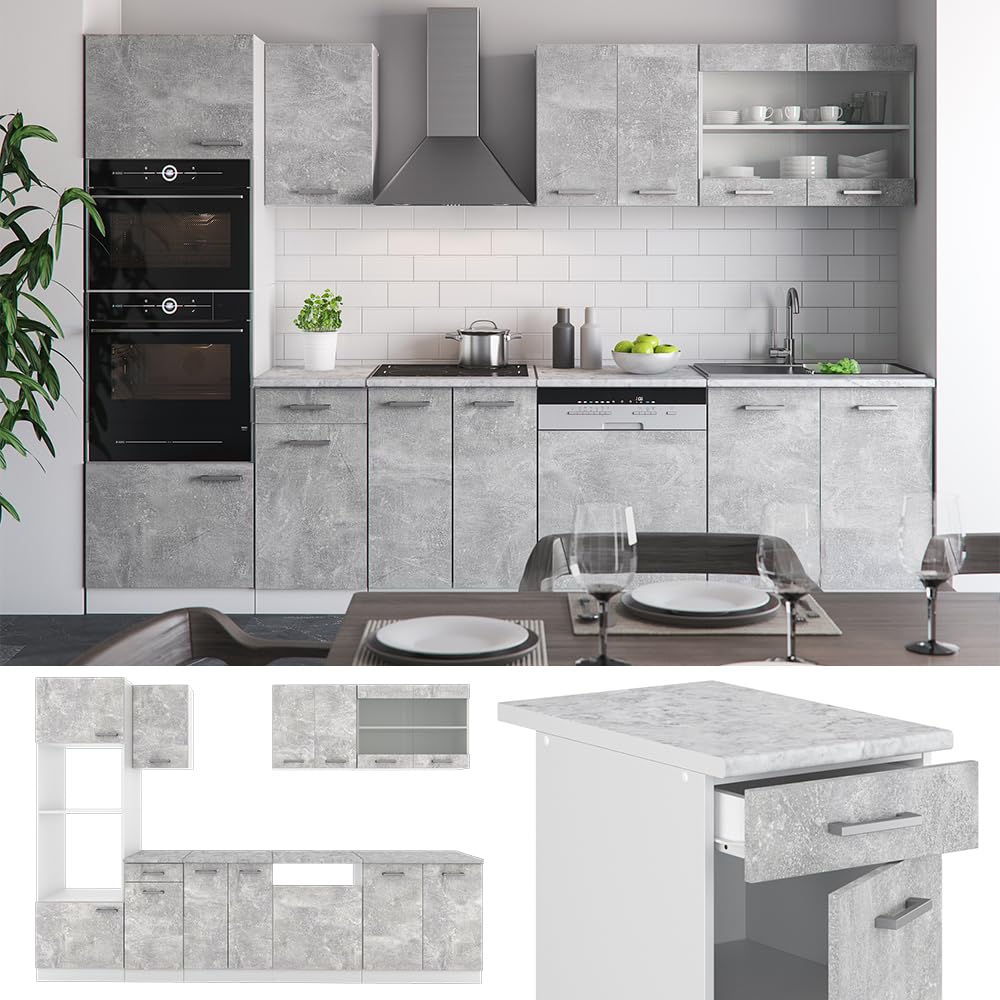 Vicco R-Line Kitchen Unit, High-Gloss Anthracite/White, 300 cm with Tall Cabinet, without Worktop